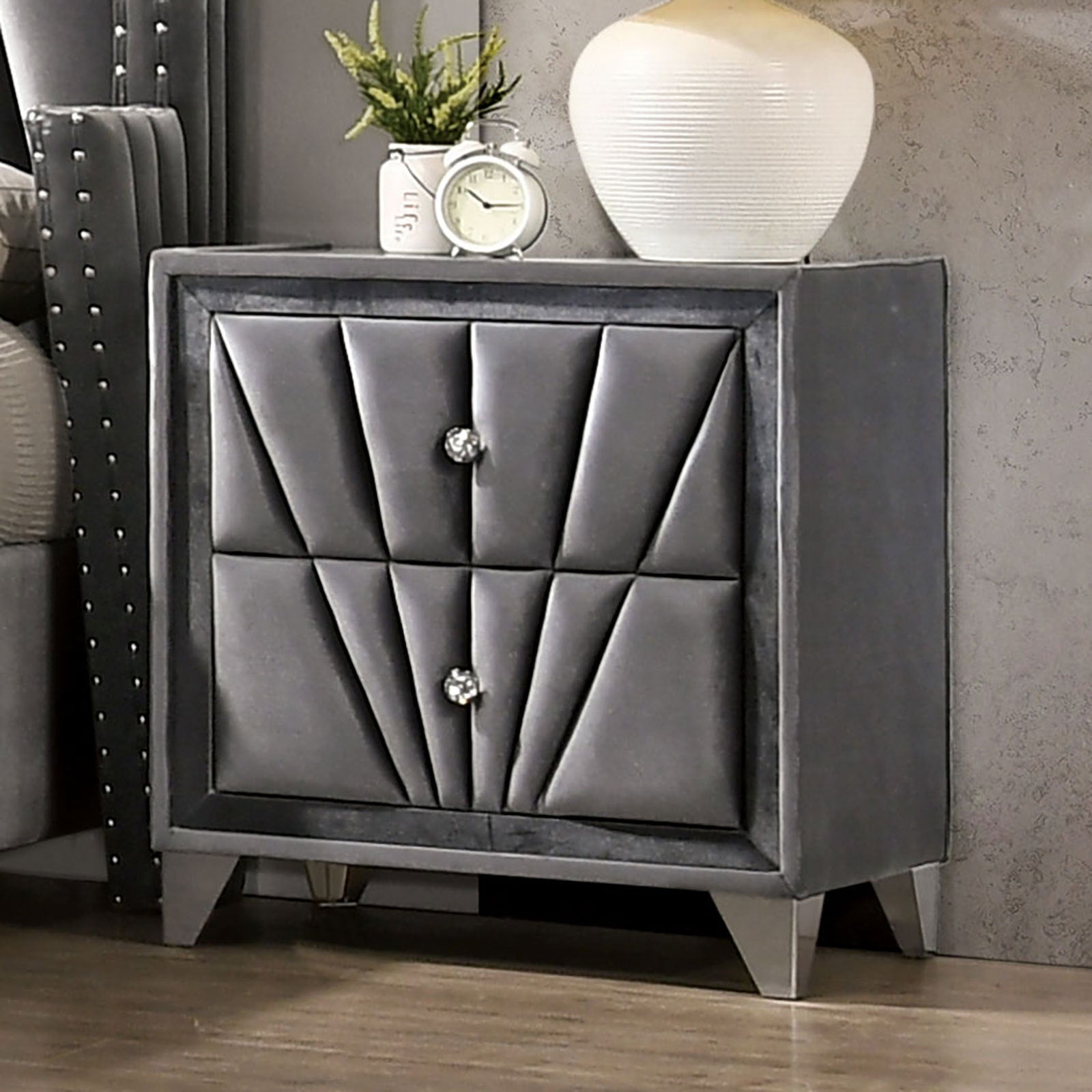 Gorgeous Gray Fabric Fully Upholstered Nightstand 1pc Bedroom Furniture Chrome Legs Bedside Table