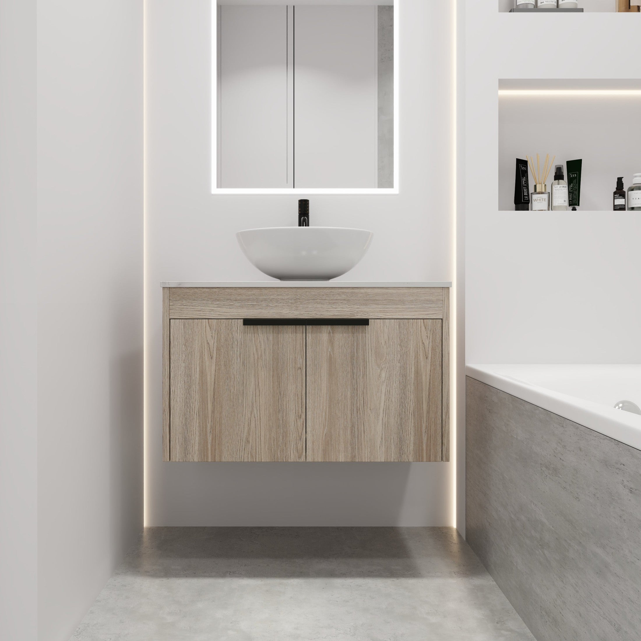 30 ' Modern Design Float Bathroom Vanity With Ceramic Basin Set,  Wall Mounted White Oak Vanity  With Soft Close Door,KD-Packing,KD-Packing,2 Pieces Parcel(TOP-BAB321MOWH)