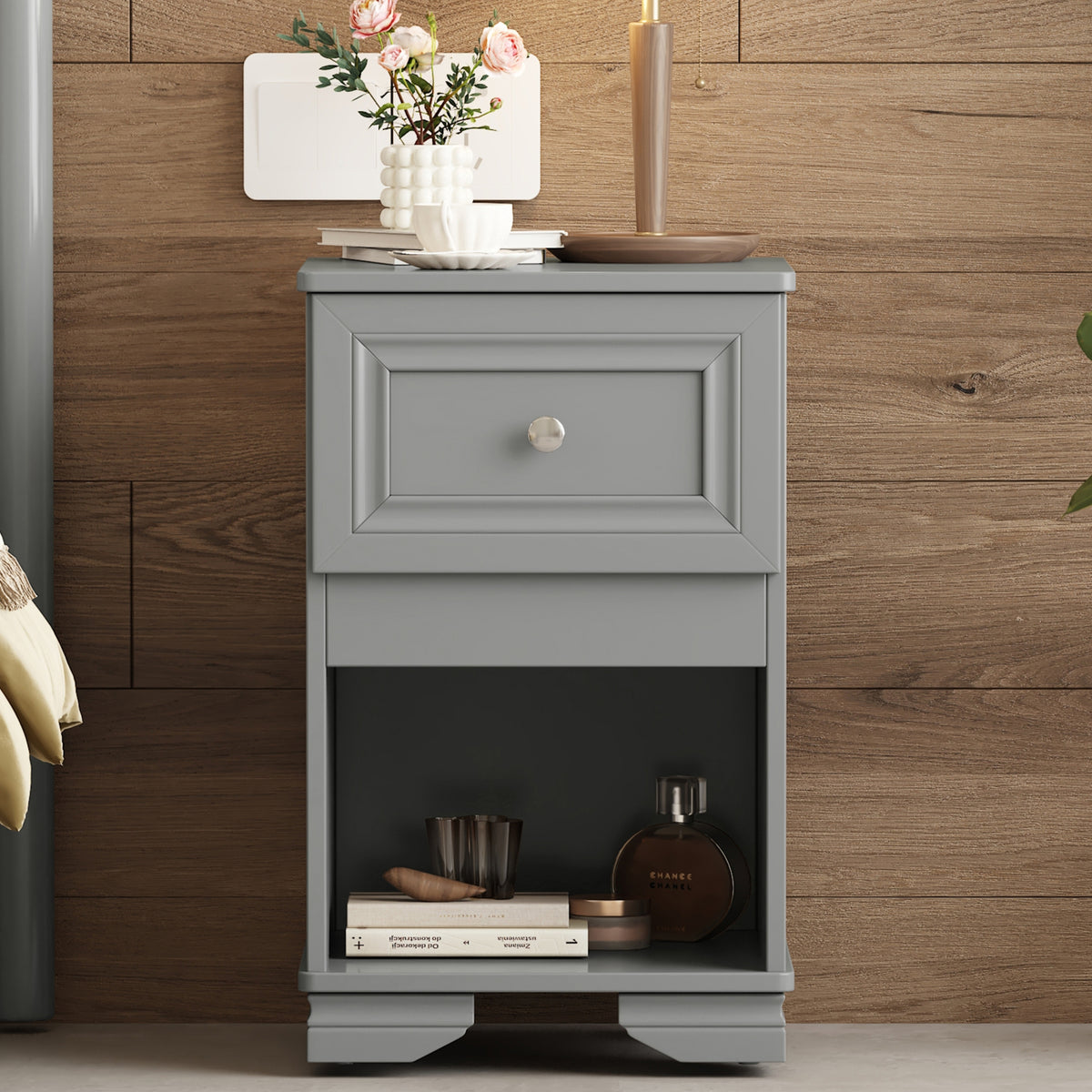 Elegant Design Nightstand with Drawer and Open Shelf for Bedroom, Retro Style Bedside Table with Classic Design and Metal Handle,Gray