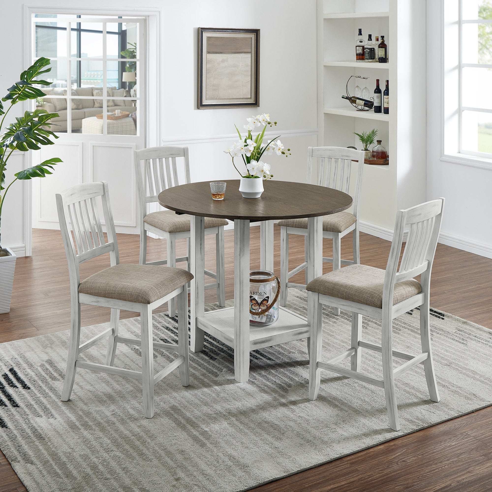 Foldable leaf dining table with storage space, 4-person dining table with 4 chairs, suitable for small restaurants and living rooms, space-saving, solid wood