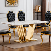 Marble Dining Table for 6 People, 70'' Rectangle Faux Marble Dining Table with Mirrored Finish Stainless Steel Base, Modern Large Size Marble Kitchen Table (Gold,White)(only table)