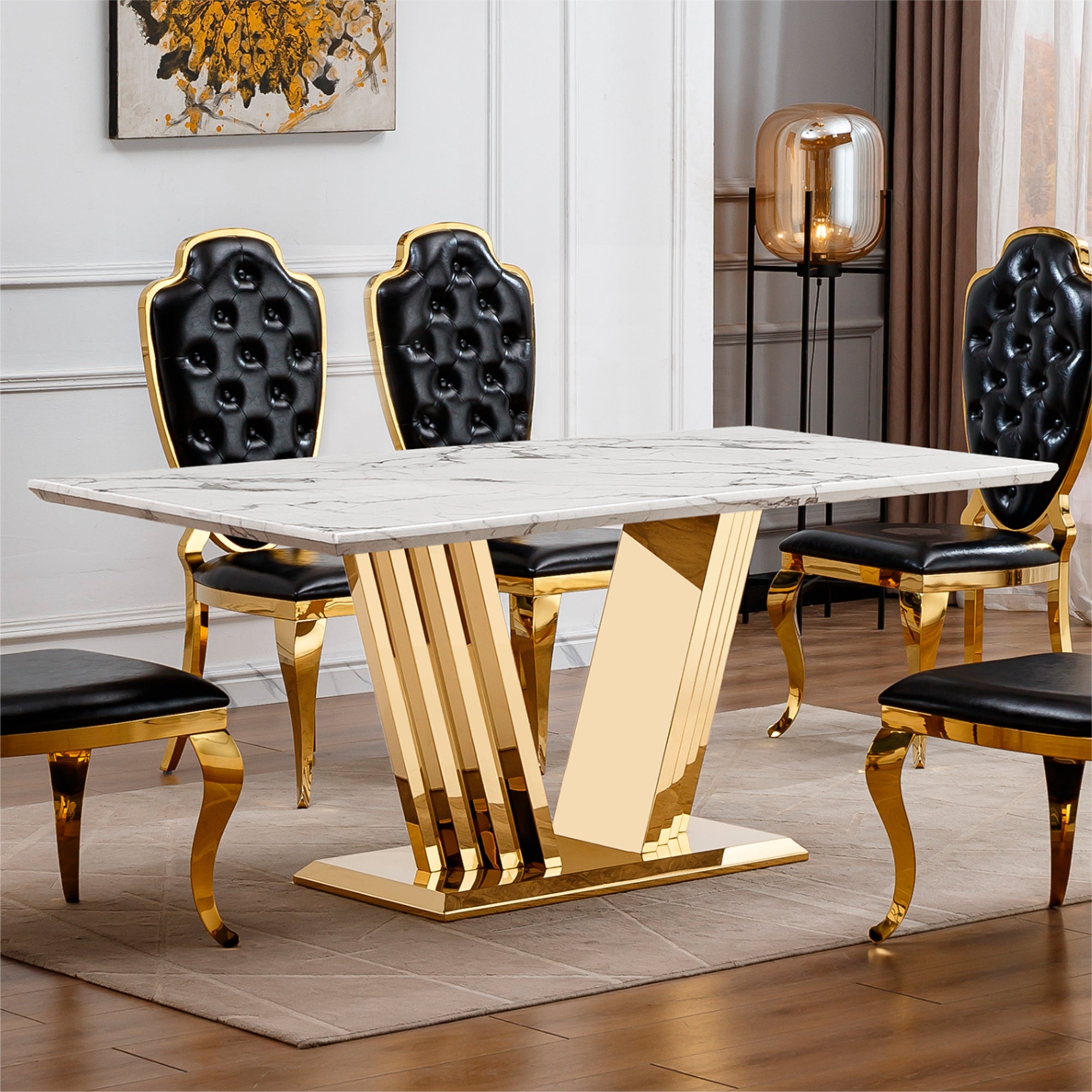 Marble Dining Table for 6 People, 70'' Rectangle Faux Marble Dining Table with Mirrored Finish Stainless Steel Base, Modern Large Size Marble Kitchen Table (Gold,White)(only table)