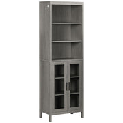kleankin Tall Bathroom Storage Cabinet with 3 Tier Shelf, Glass Door Cabinet, Freestanding Linen Tower with Adjustable Shelves, Grey Wood Grain
