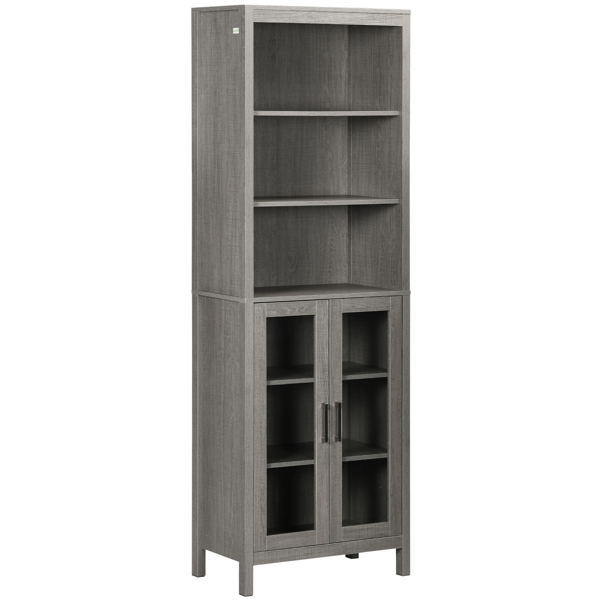 kleankin Tall Bathroom Storage Cabinet with 3 Tier Shelf, Glass Door Cabinet, Freestanding Linen Tower with Adjustable Shelves, Grey Wood Grain