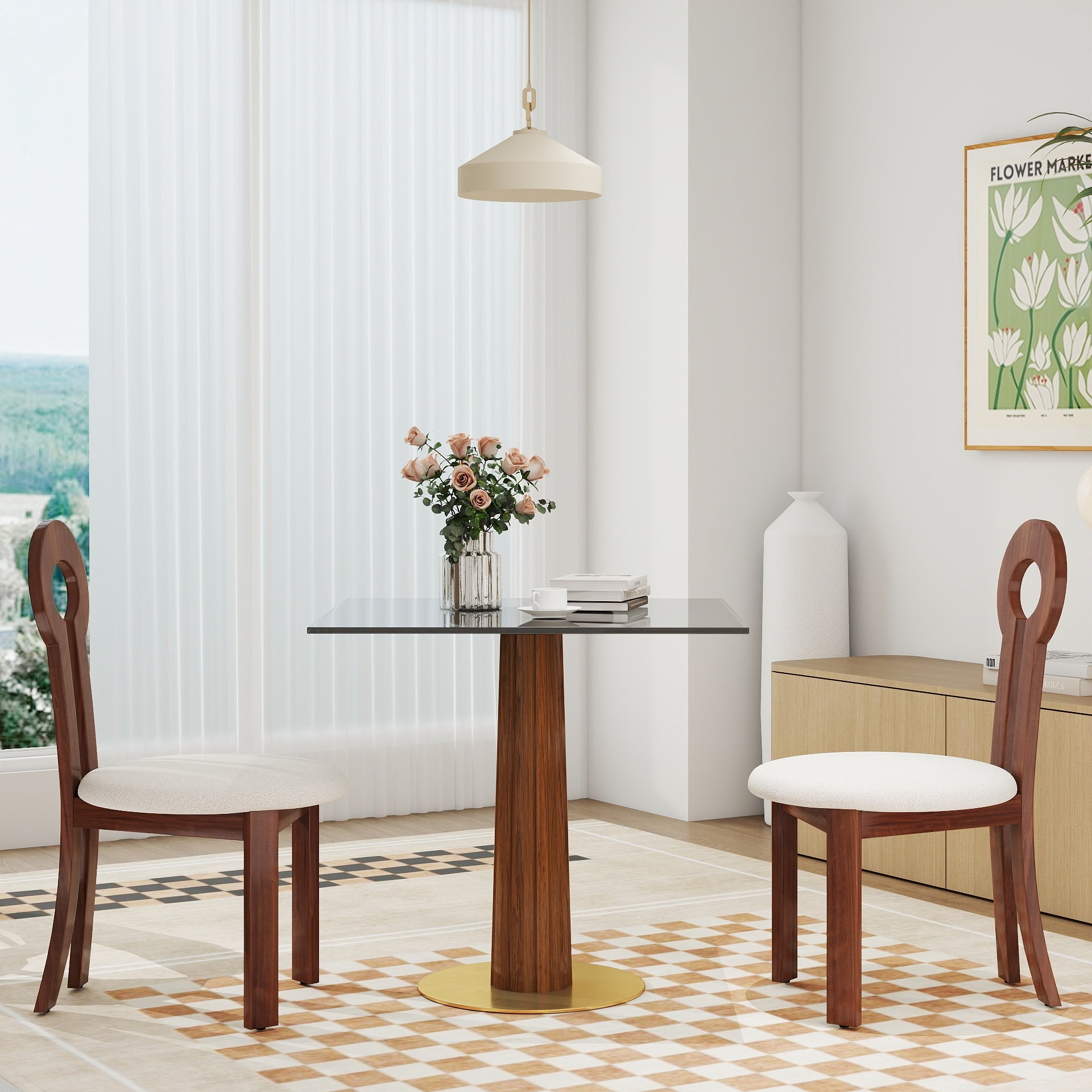 Modern Square Dining Table, 33.5' Tempered Glass Table with Wooden Leg & Gold Base, 2 - Person Kitchen Table for Small Space, 150lbs Weight Capacity(Only the Negotiation Table)