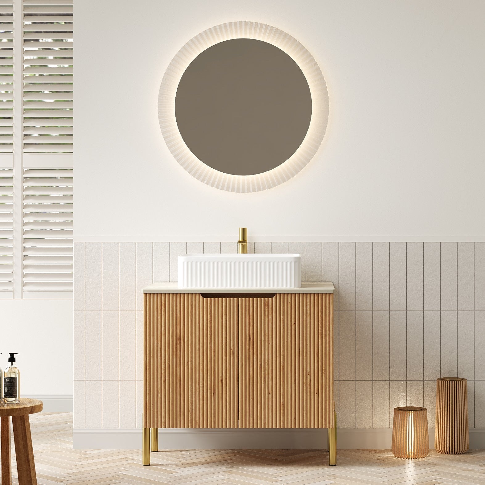 TURIO 30' Bathroom Vanity with Sink, Freestanding Plywood Bathroom Storage Cabinet with 2 Doors, White Rectangular Ceramic Basin and Roma Travertine-Pattern Sintered Stone Counter Top, Woodgrain Color