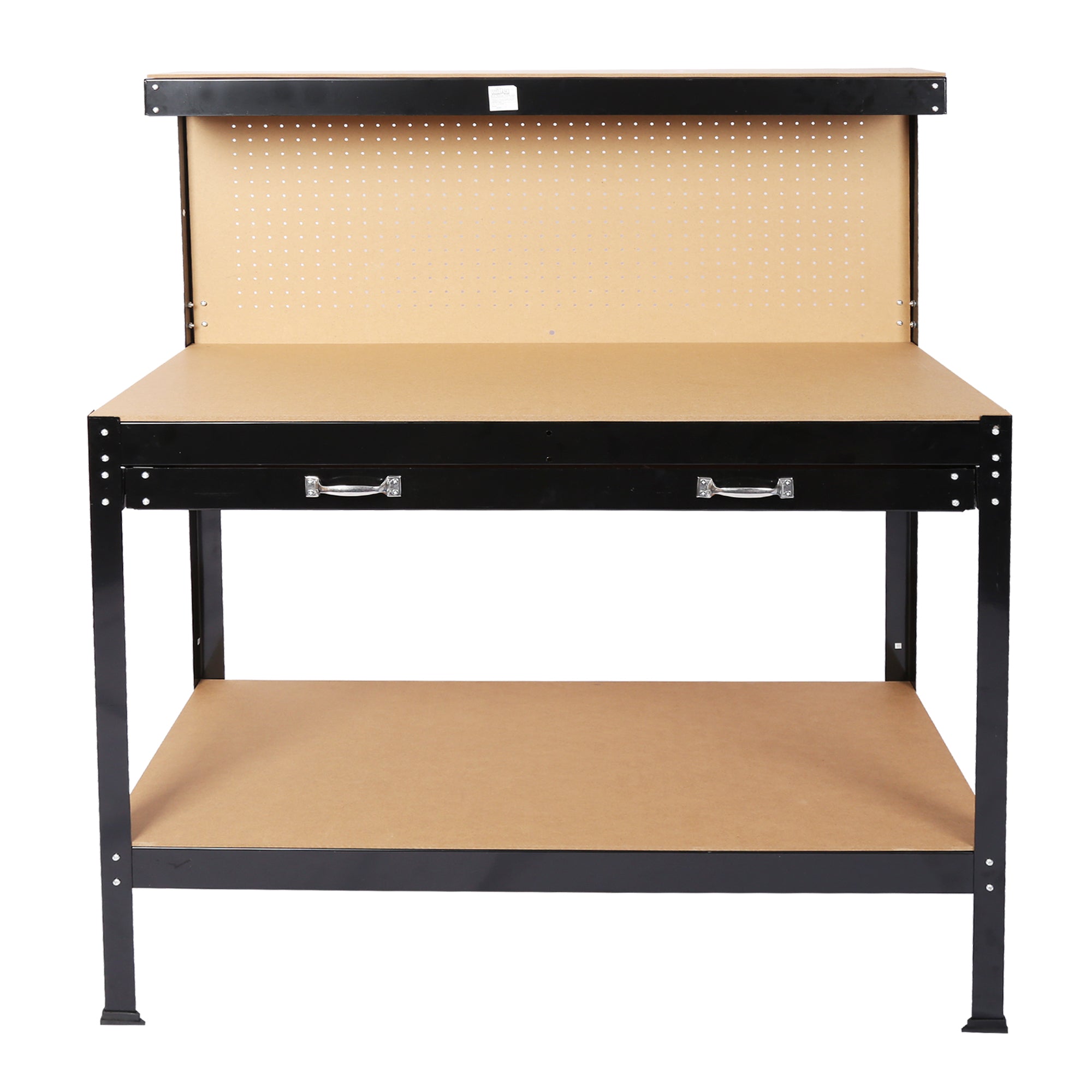 Steel Workbench Tool Storage Work Bench with Drawer and Peg Board in Black, MDF Construction, 63-Inch Height