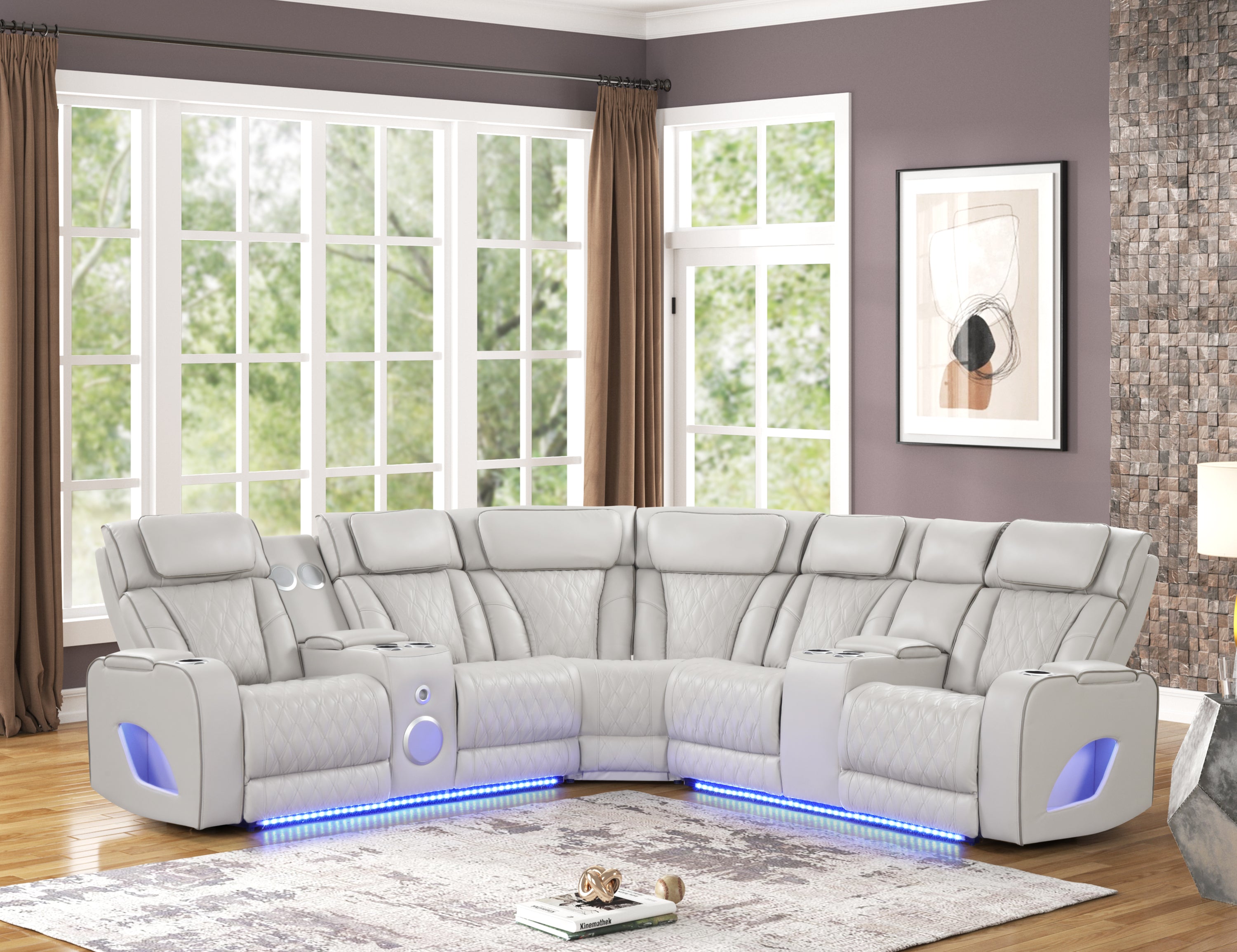 Fortuner Modern Style power recliner sectional with Bluetooth speaker and LED made with wood & metal, Massage Function Included Beige (CA Inventory)