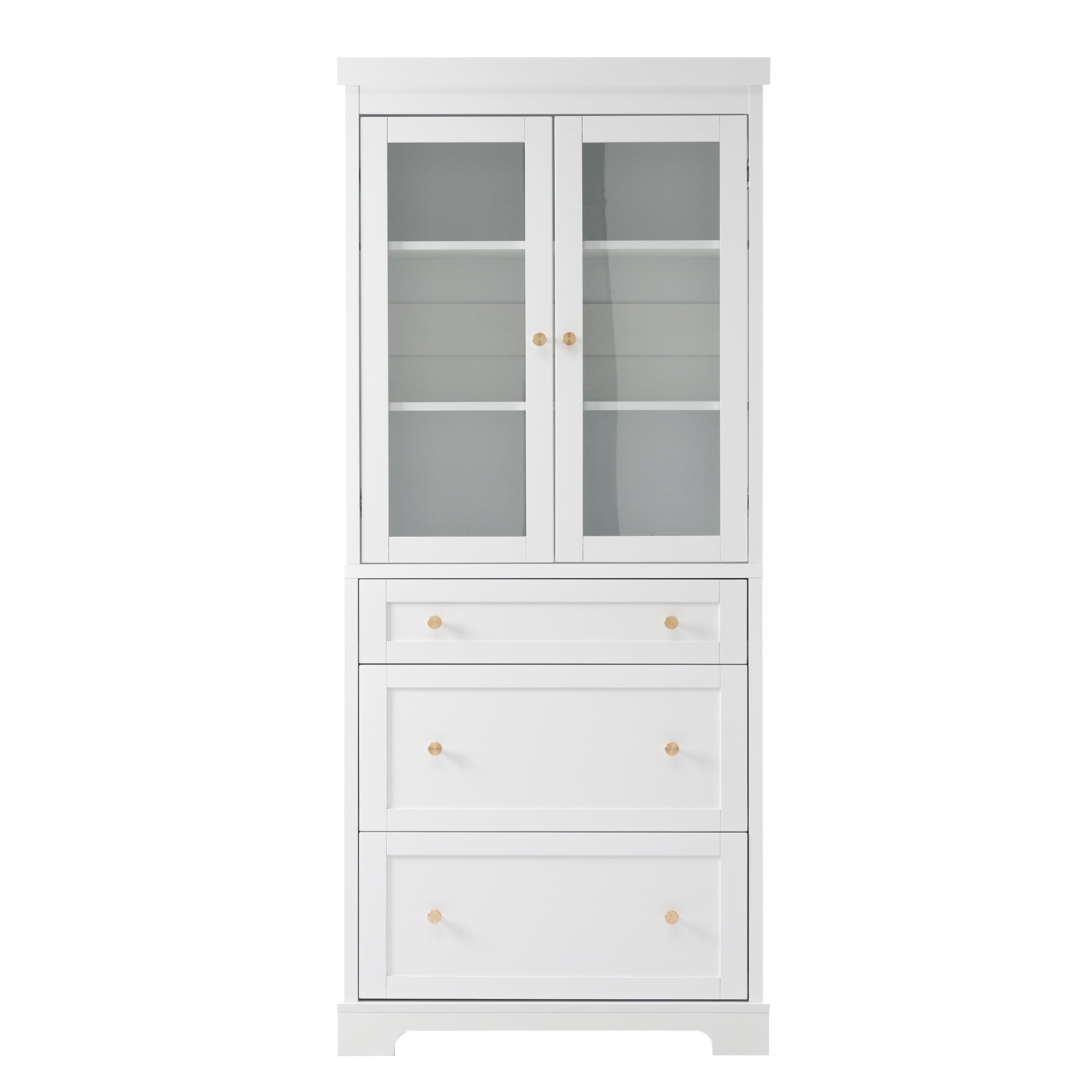 70.1' Modern High Freestanding Tall Bathroom Cabinet with 2 Adjustable Shelves, 3 Drawers, Soft Close Glass Doors - White MDF