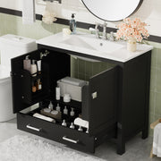 36' Black Bathroom Vanity with Ceramic Sink, Soft-Close Doors, Double Storage Shelves & Divided Drawer – Modern Bathroom Cabinet with Ample Storage