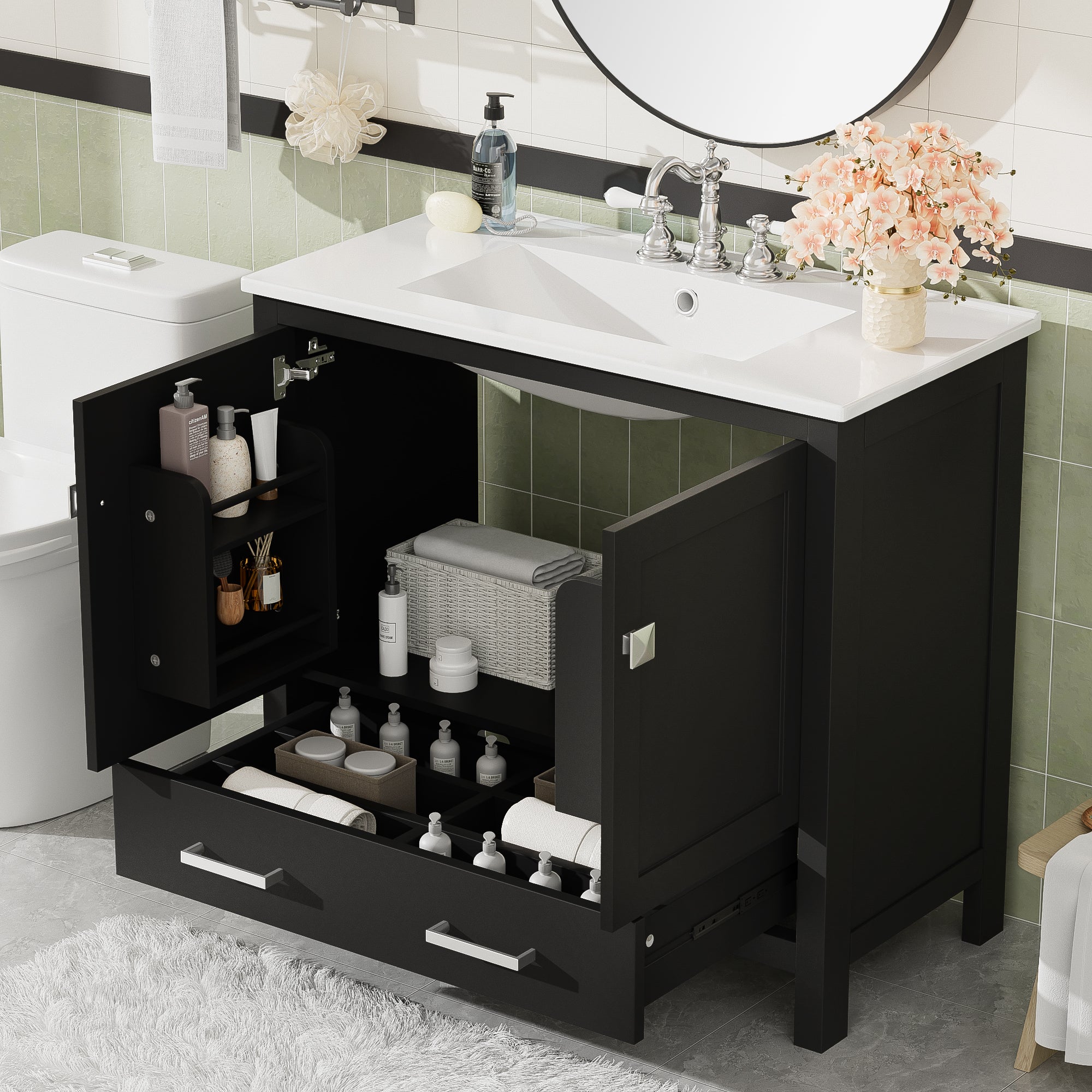 36' Black Bathroom Vanity with Ceramic Sink, Soft-Close Doors, Double Storage Shelves & Divided Drawer – Modern Bathroom Cabinet with Ample Storage