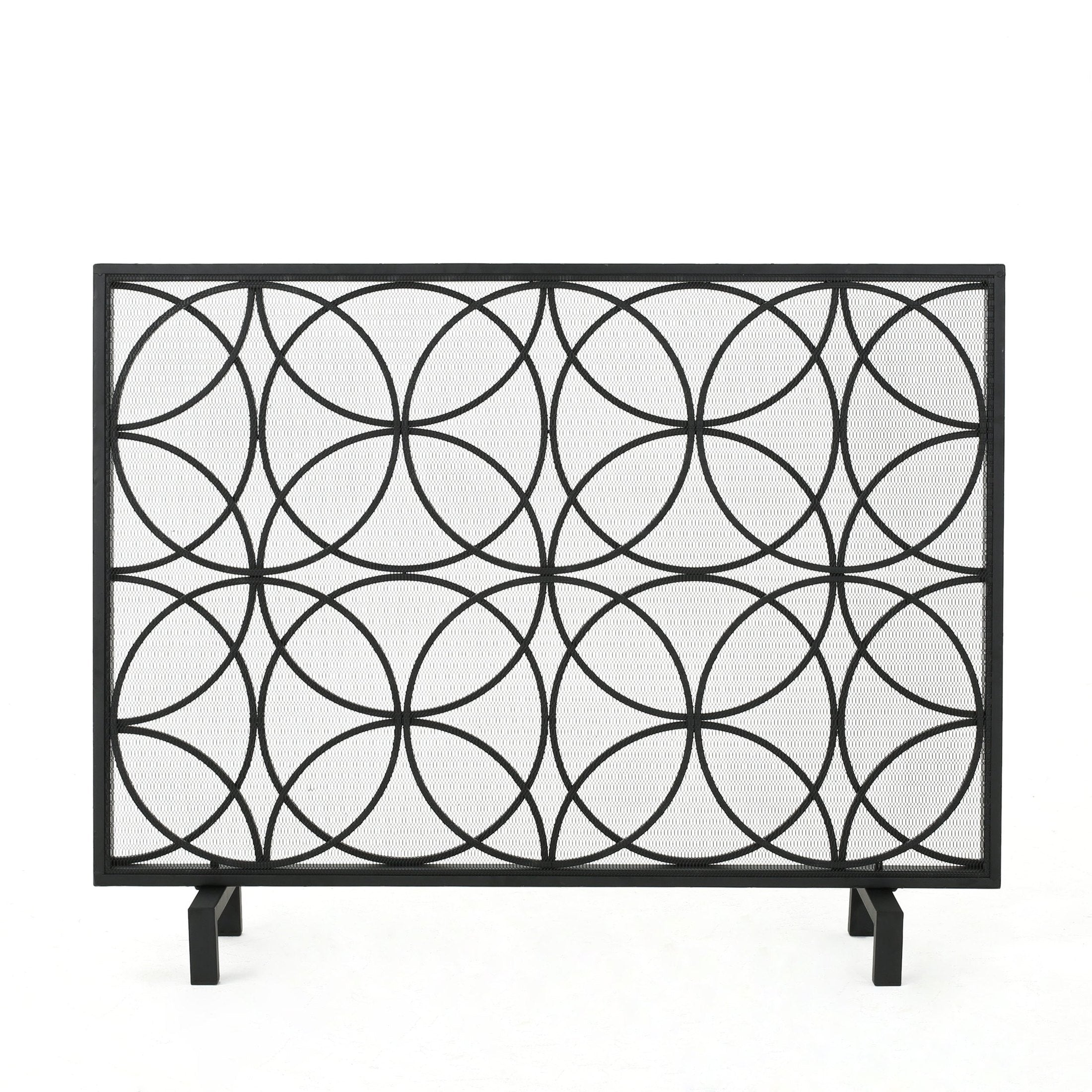 Thayer Single Panel Iron Fireplace Screen with Geometric Pattern in Black