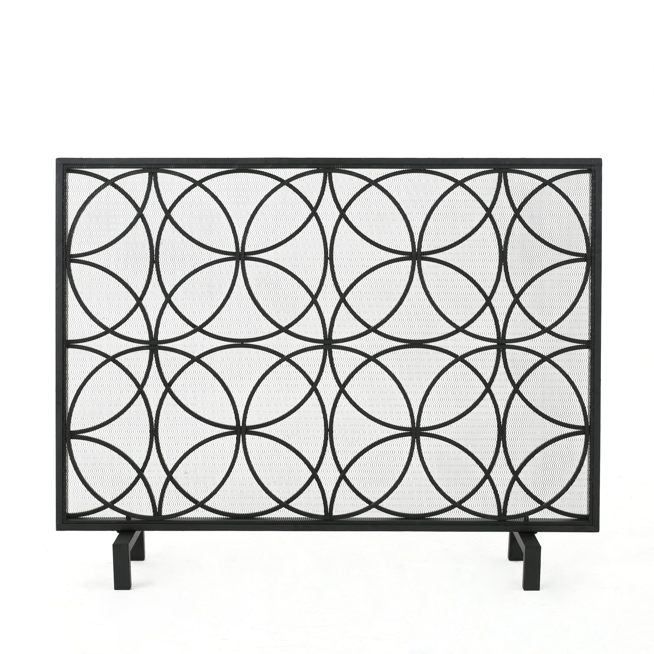 Thayer Single Panel Iron Fireplace Screen with Geometric Pattern in Black