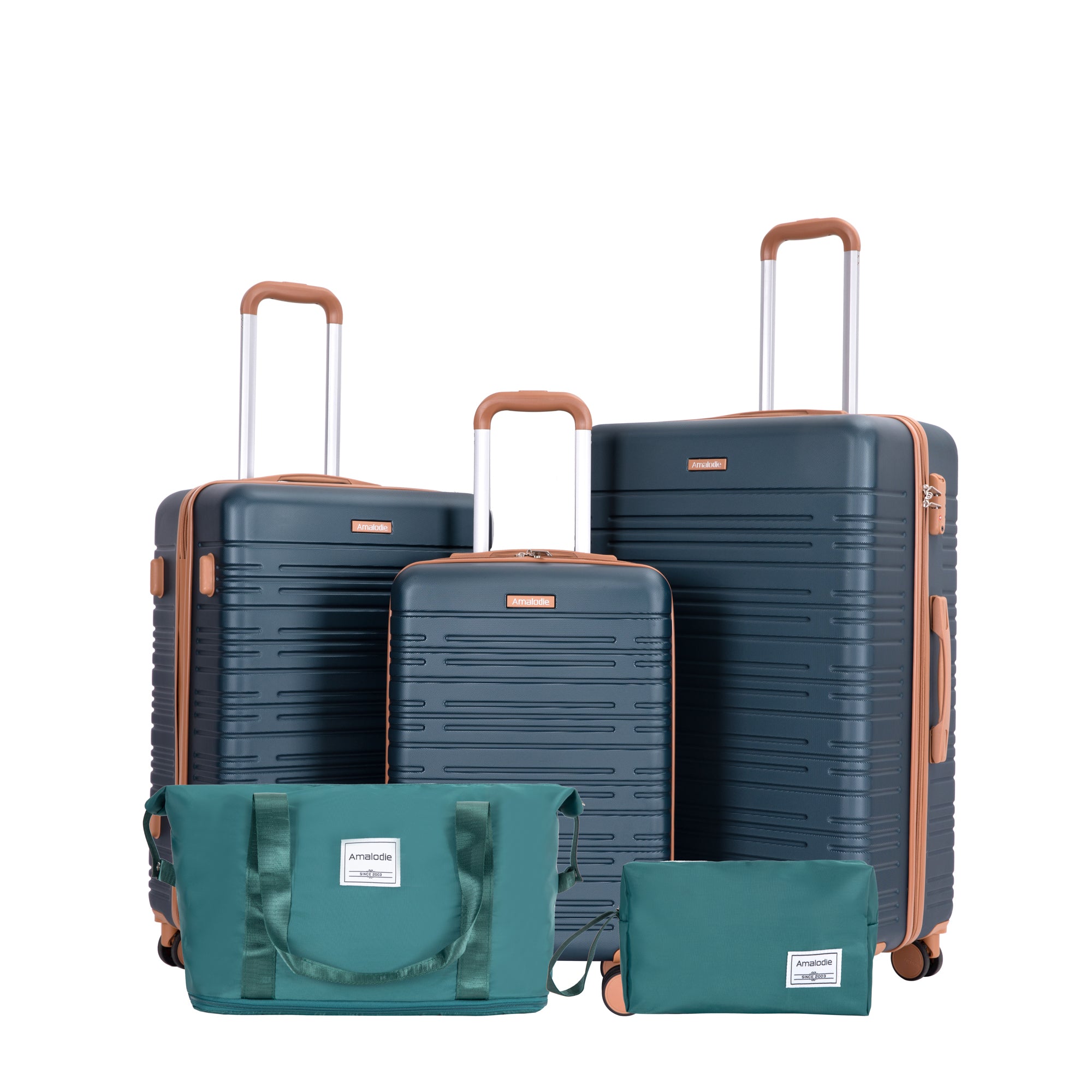 Durable 5-Piece ABS Luggage Set with Spinner Wheels and TSA Lock in Dark Green