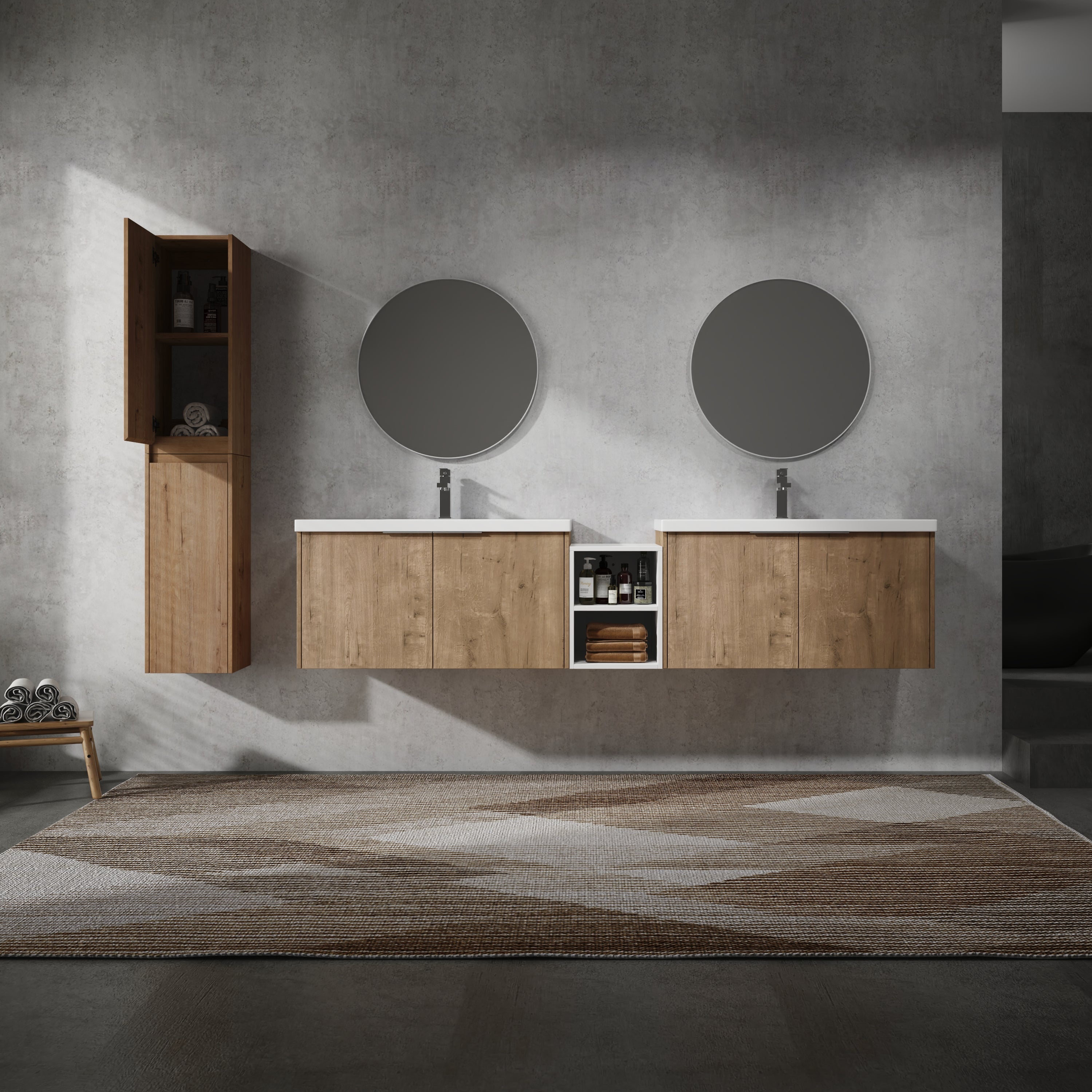 84' Wall-Mounted Bathroom Vanity With Sink and Side Cabinet, Soft Close Doors,00112IMO-00636IMOx2-0612GWH Combination Cabinet(KD-Packing)