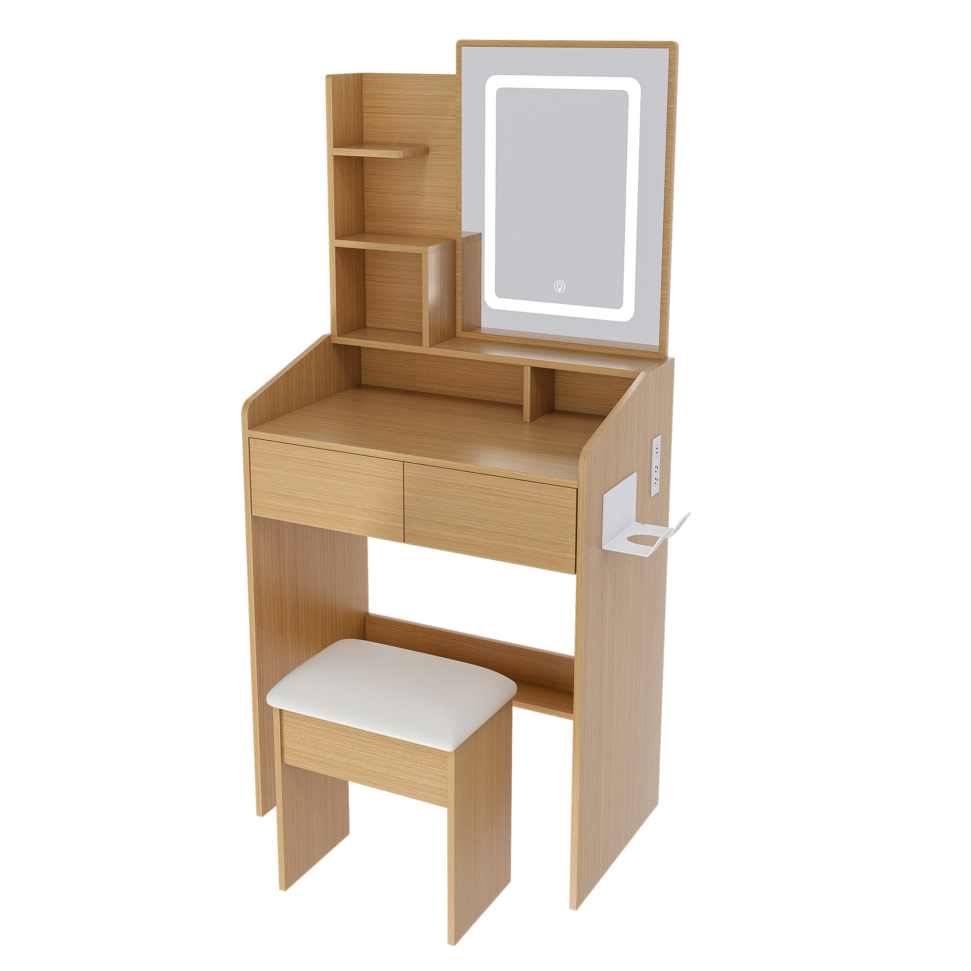 Modern Wood Vanity Table with LED Mirror, Power Outlet, Hairdryer Holder & Padded Stool – Compact Dressing Desk for Small Bedrooms