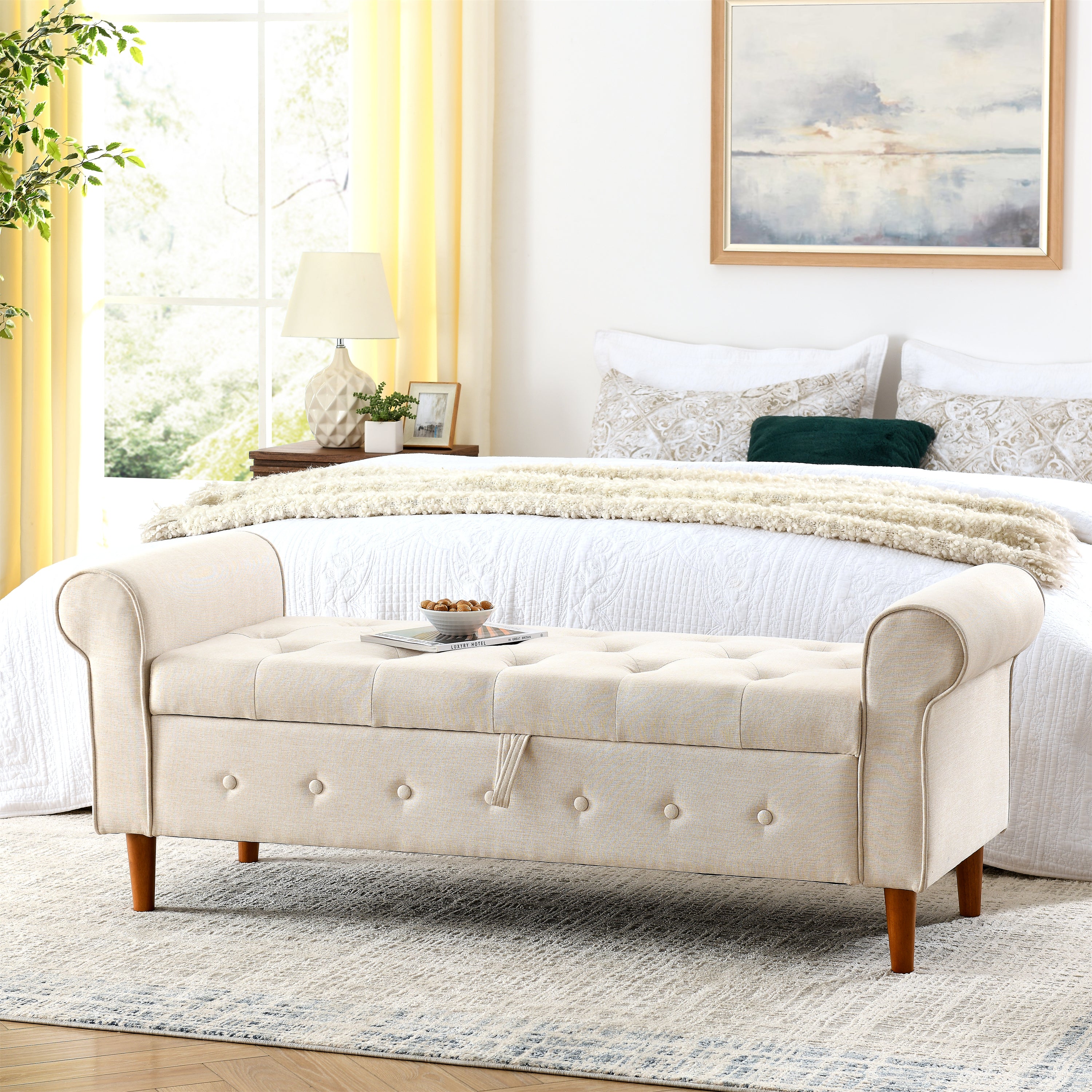 62' Bedroom Tufted Button Storage Bench, Modern Fabric Upholstered Ottoman, Window Bench, Rolled Arm Design for Bedroom, Living Room, Foyer (Beige)