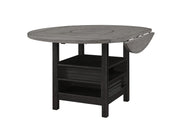 1pc Farmhouse Contemporary Counter Height Table with Storage Single Pedestal Round Black Gray Natural Grain Integrated Turntable Drop Leaves and Built-in Shelving