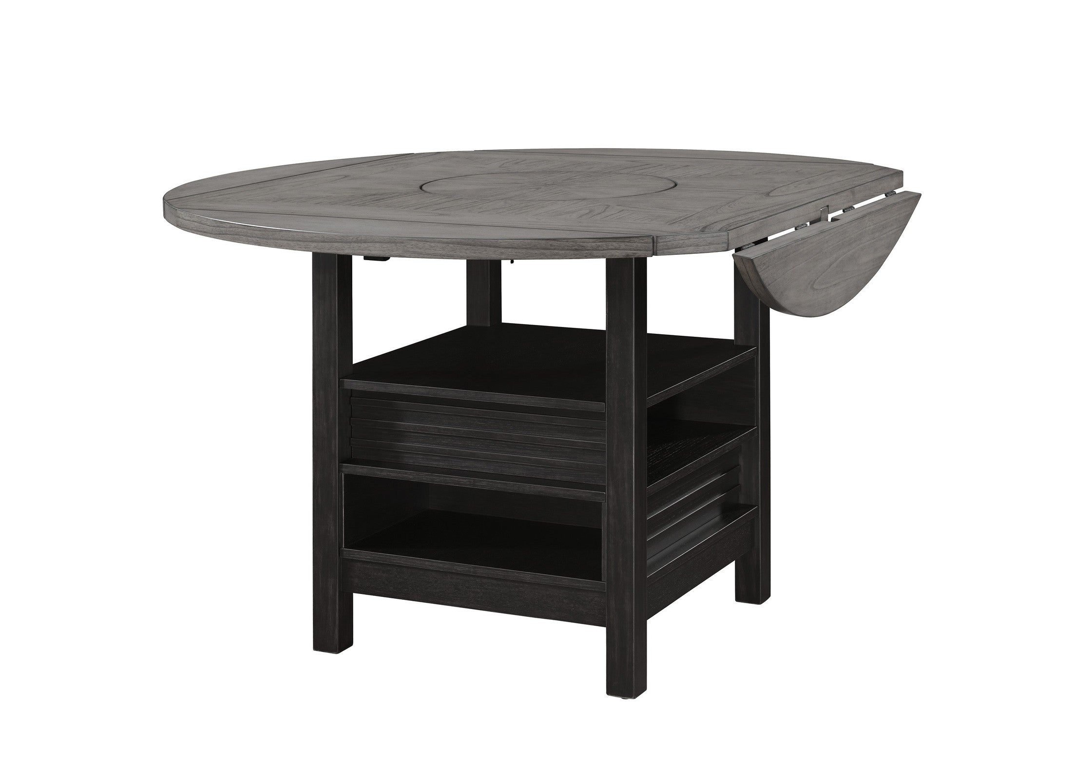 1pc Farmhouse Contemporary Counter Height Table with Storage Single Pedestal Round Black Gray Natural Grain Integrated Turntable Drop Leaves and Built-in Shelving