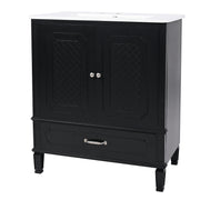 Vintage Style 30' Bathroom Vanity with Sink, Black Acacia Wood & Ceramic Top, Soft-Closing Door, Multi-Functional Storage, MDF Frame
