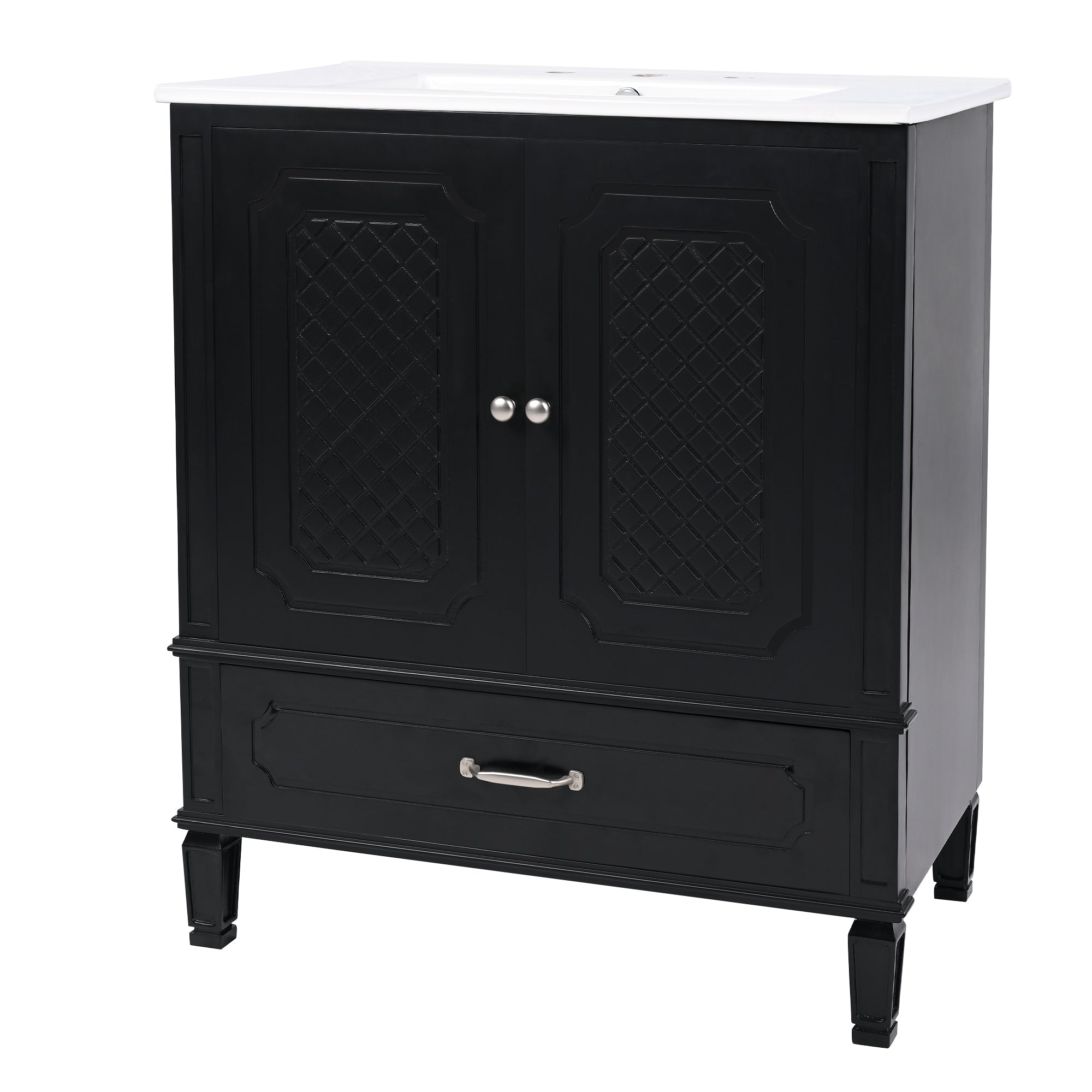 Vintage Style 30' Bathroom Vanity with Sink, Black Acacia Wood & Ceramic Top, Soft-Closing Door, Multi-Functional Storage, MDF Frame