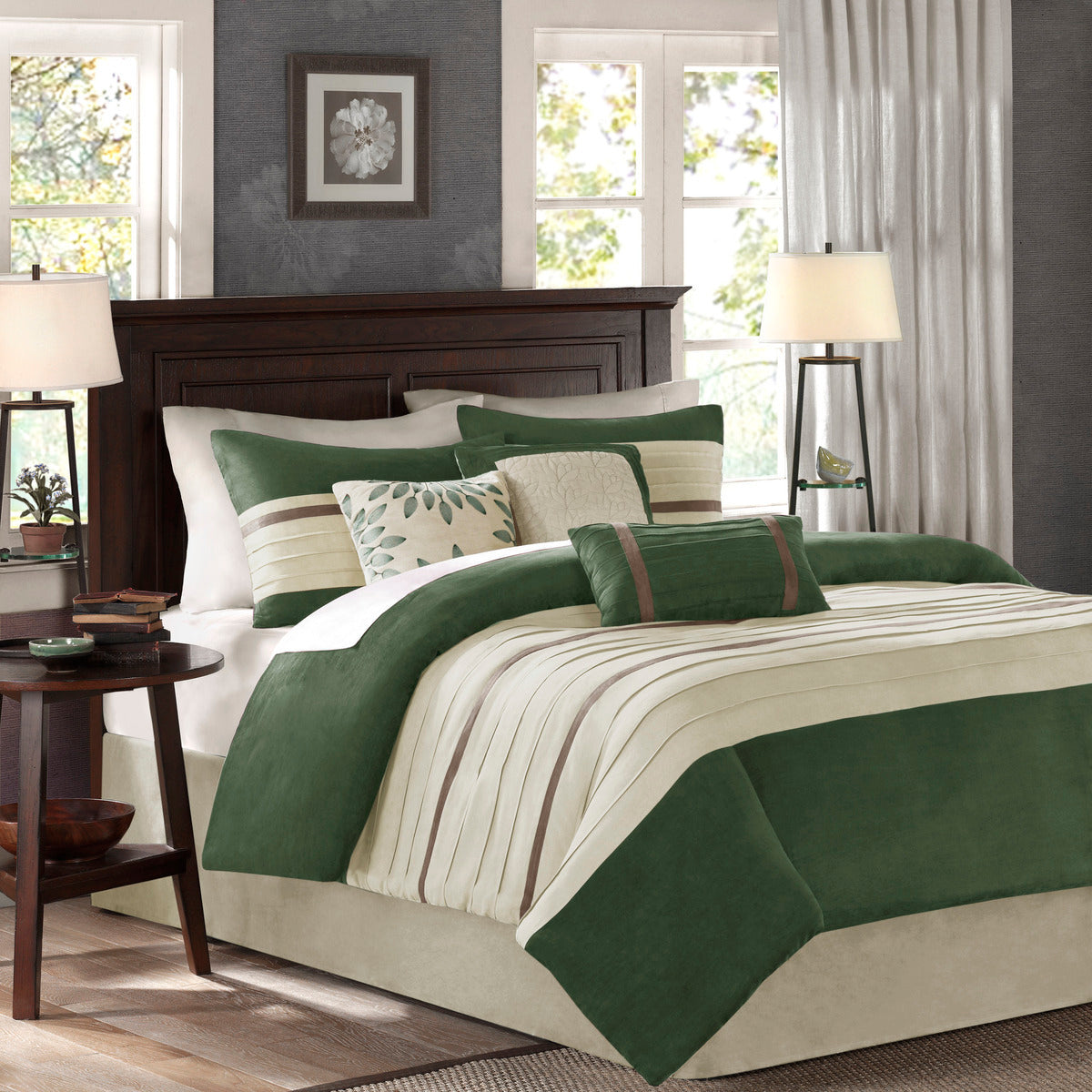 7 PC Pieced Faux Suede Comforter Set Green Cal King