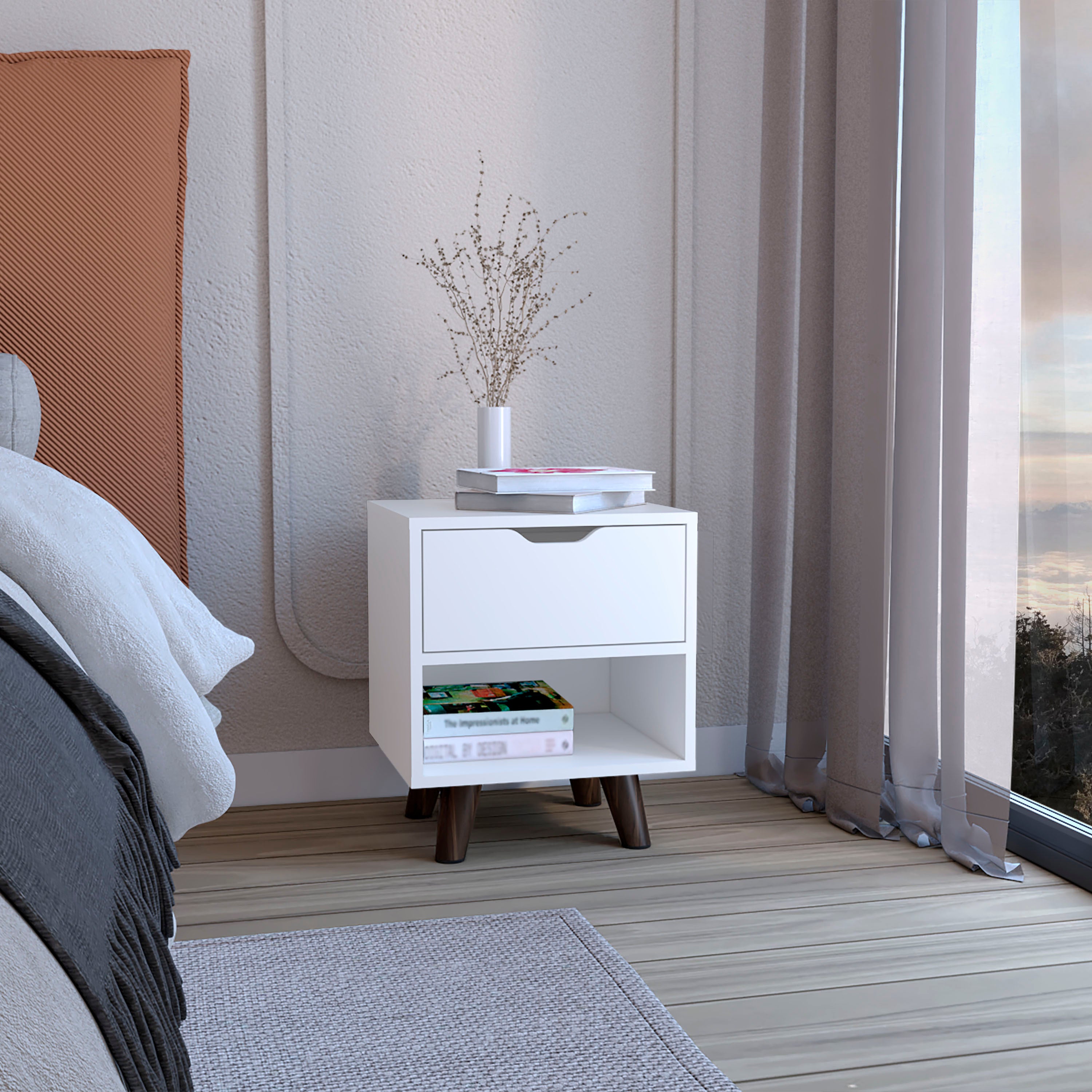 Crail Nightstand with 1 Open Storage Shelf, 1 Drawer and Wooden Legs