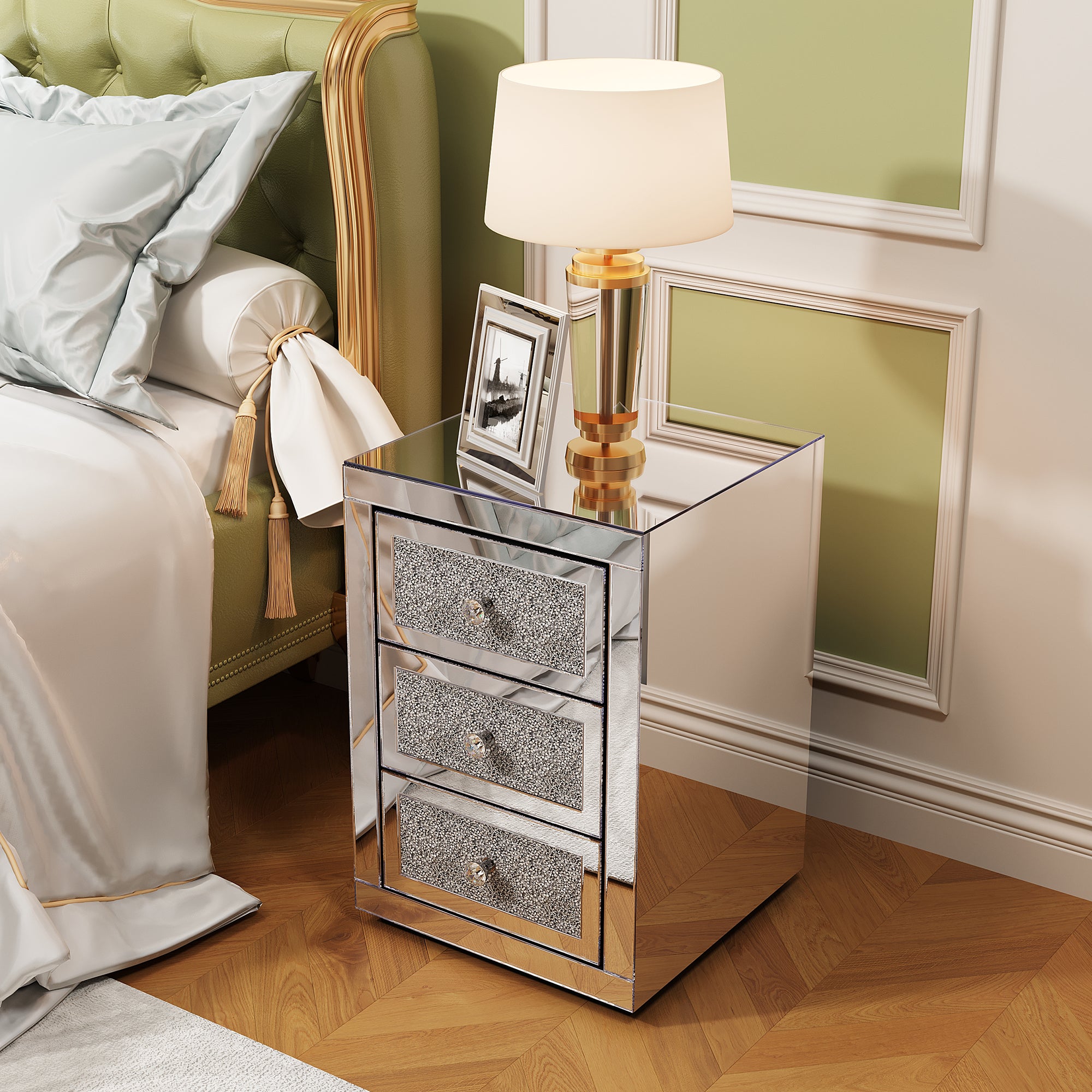 3-Drawer Mirrored Nightstand Bedside Table Glass Accent End Table Silver