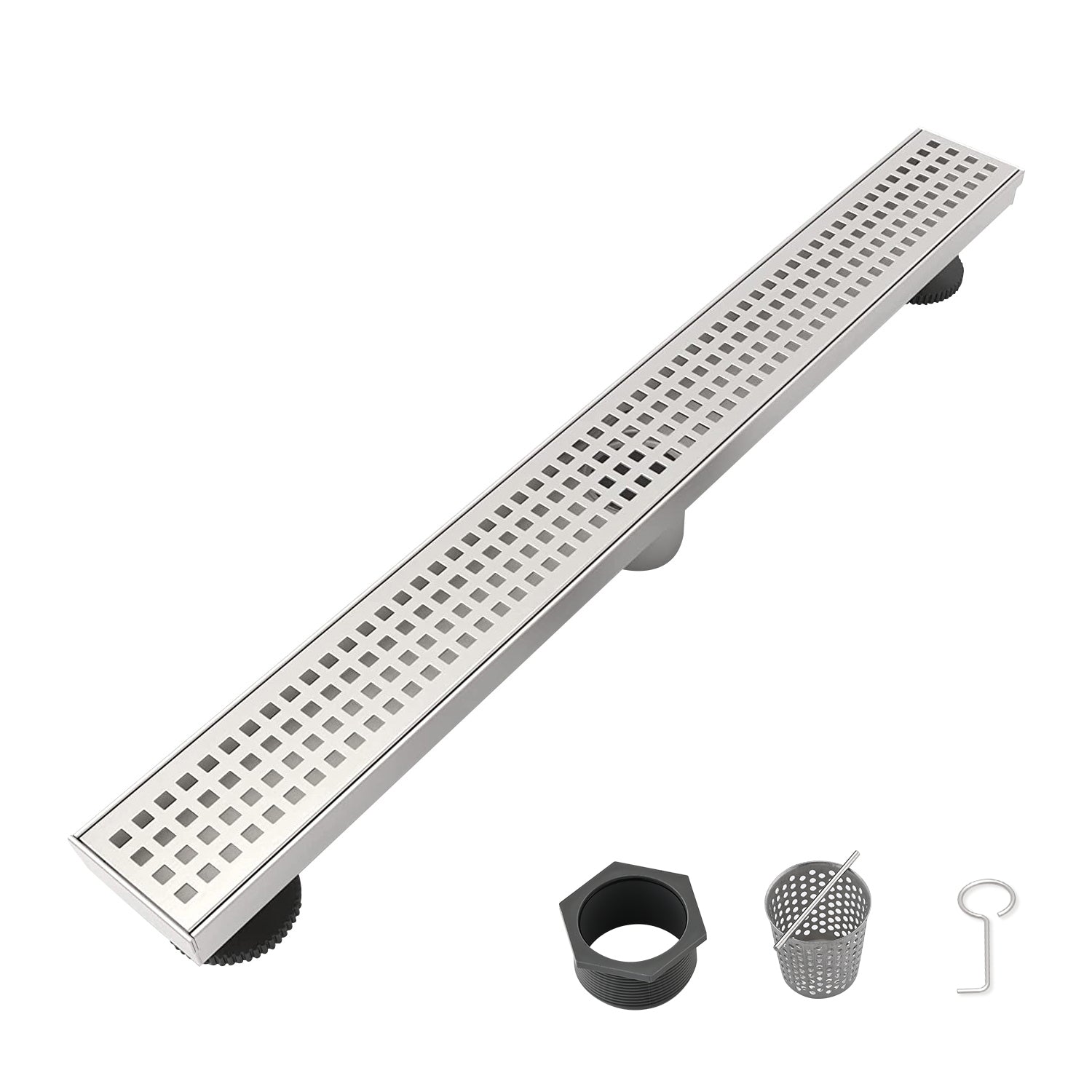24 Inch Linear Shower Drain with Removable Quadrato Pattern Grate Cover, 304 Stainless Steel Shower Floor Drain with Hair Strainer and Leveling Feet