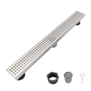 24 Inch Linear Shower Drain with Removable Quadrato Pattern Grate Cover, 304 Stainless Steel Shower Floor Drain with Hair Strainer and Leveling Feet
