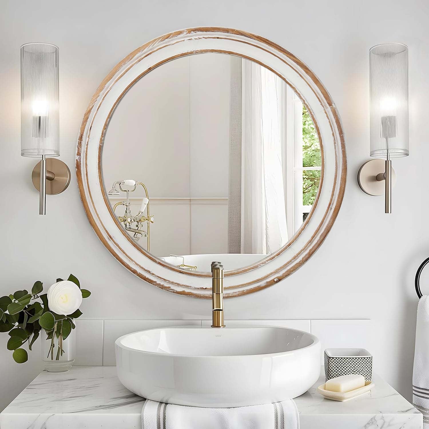 35.4 inches Round Wall Mirror for Bathroom Vanity, Wooden Farmhouse Circle Mirrors for Bedroom, Entryway, Living Room, Kithen Whitewash Edge Decorative Mirror for Home, Office