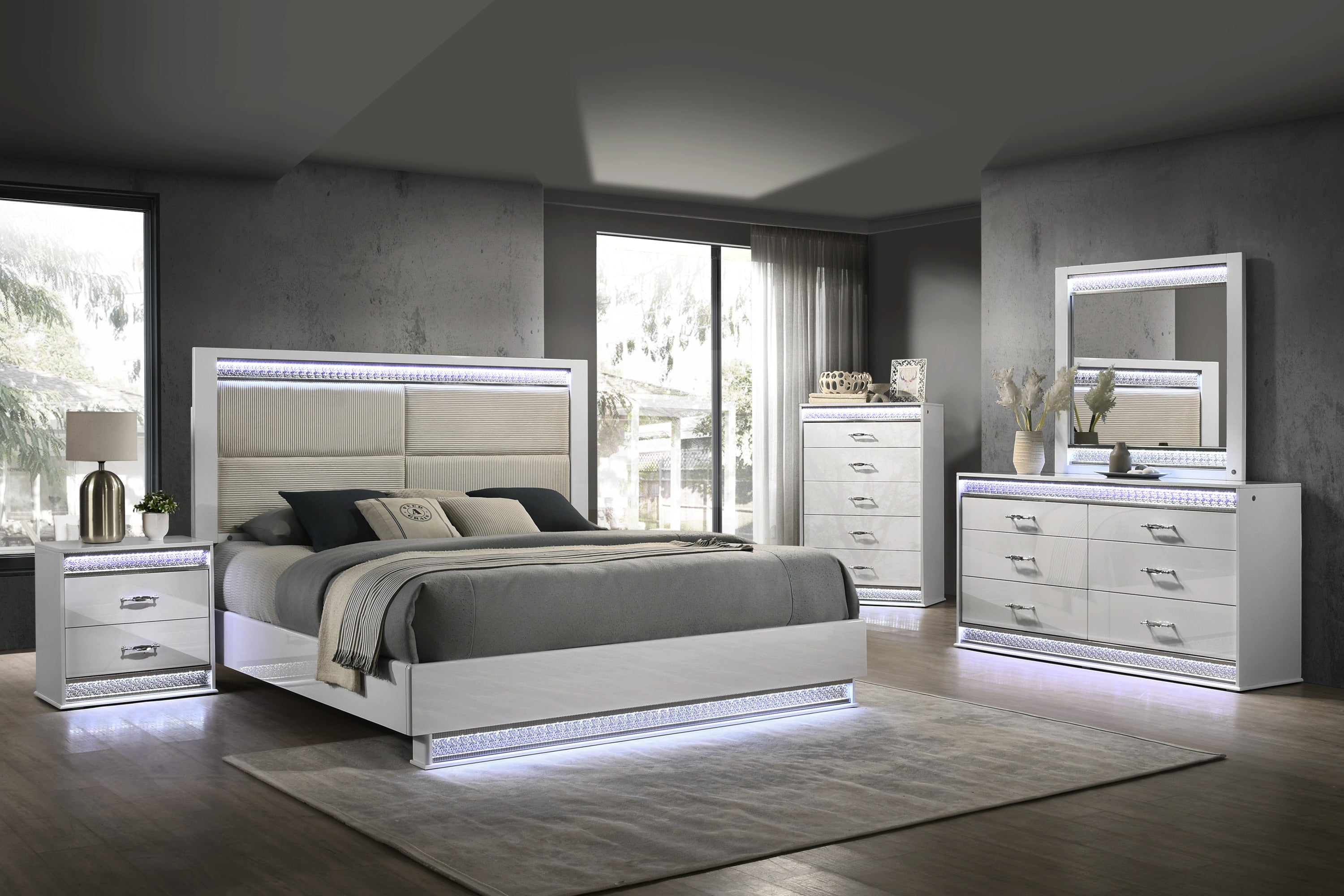 Glam Modern Style 5 Pc Queen Bedroom Set with LED Headboard Made with Wood in White(CA INVENTORY)