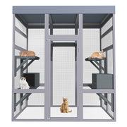 62.6' Wooden Outdoor Catio for Cats, Large Cat Enclosure with Waterproof Roof, 2 Napping House, Platforms & Rust-Proof Wire – Secure Pet Cage for Backyard or Patio
