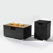 32' Propane Gas Fire Pit Table with Propane Tank Cover, 50000 BTU Rectangular Steel Fire Pit with Beautiful Wicker Base for Outside Garden-Dark Gray