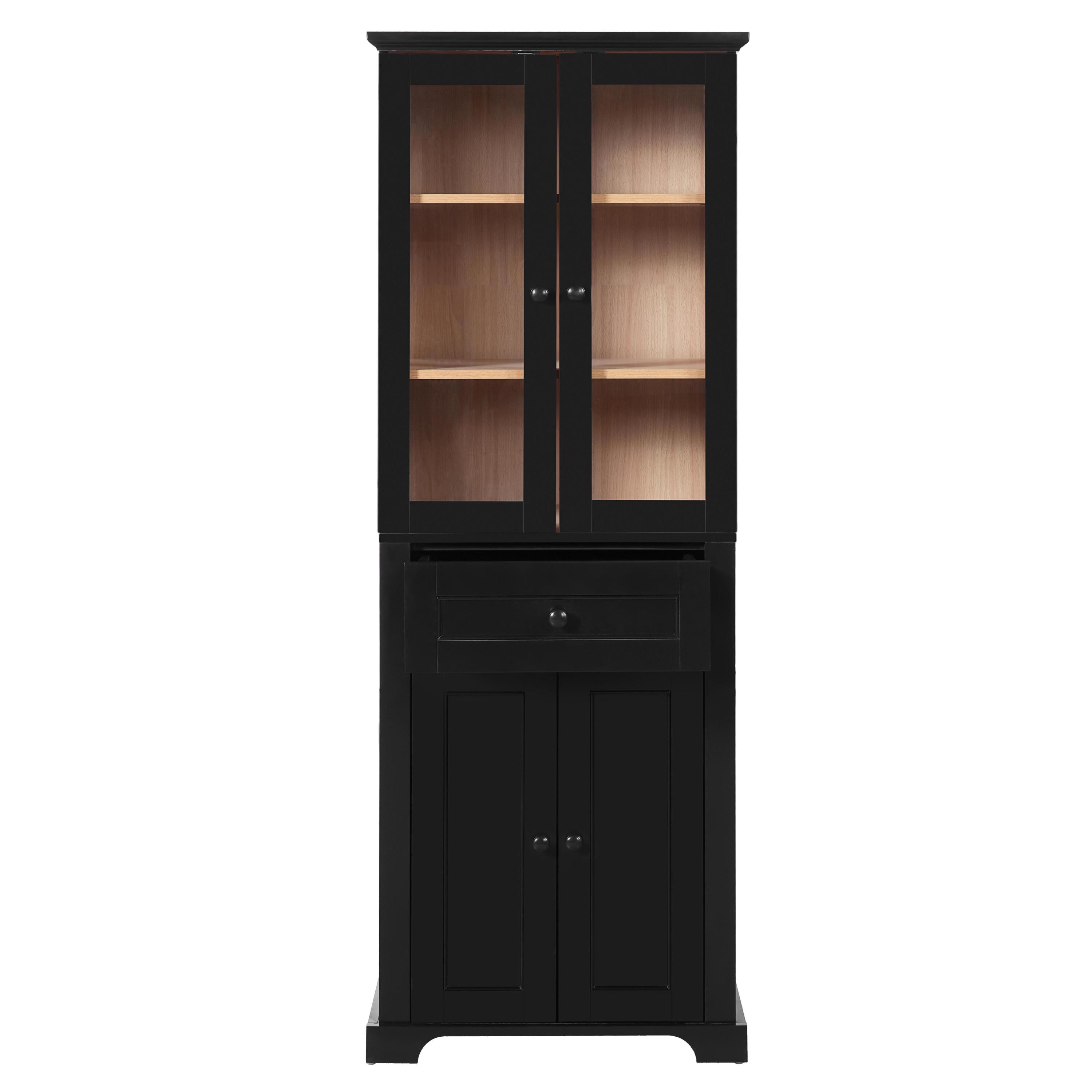 Modern Black Bathroom Storage Cabinet with Tempered Glass Doors, Adjustable Shelves & Drawer, 67.2' Tall Freestanding Linen Tower