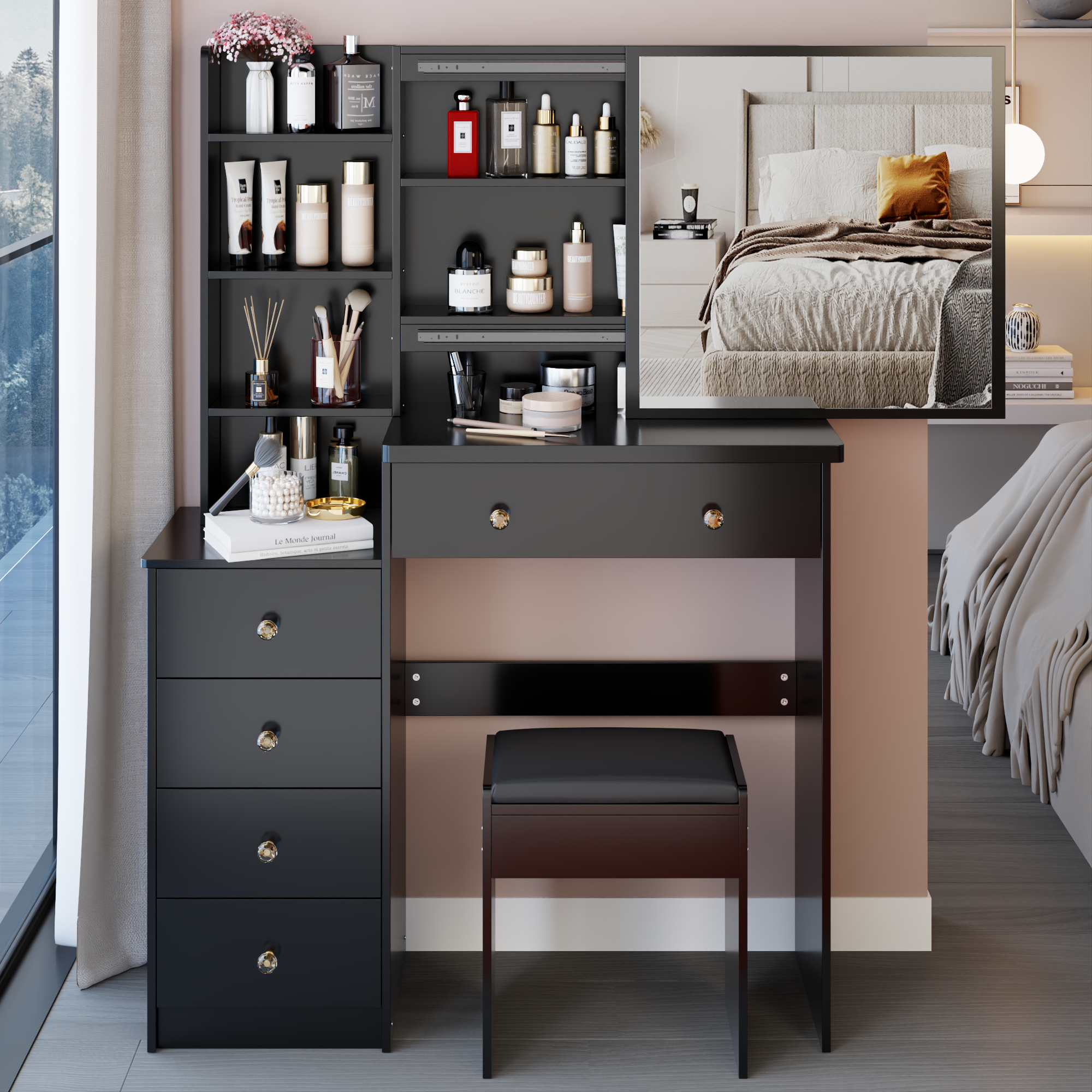 37' Middle Size Left Bedside Cabinet Vanity Table + Cushioned Stool, Extra Large Right sliding mirror, Multi Layer High Capacity Storage, Practical Fashionable Dresser, Suitable For Middle Space
