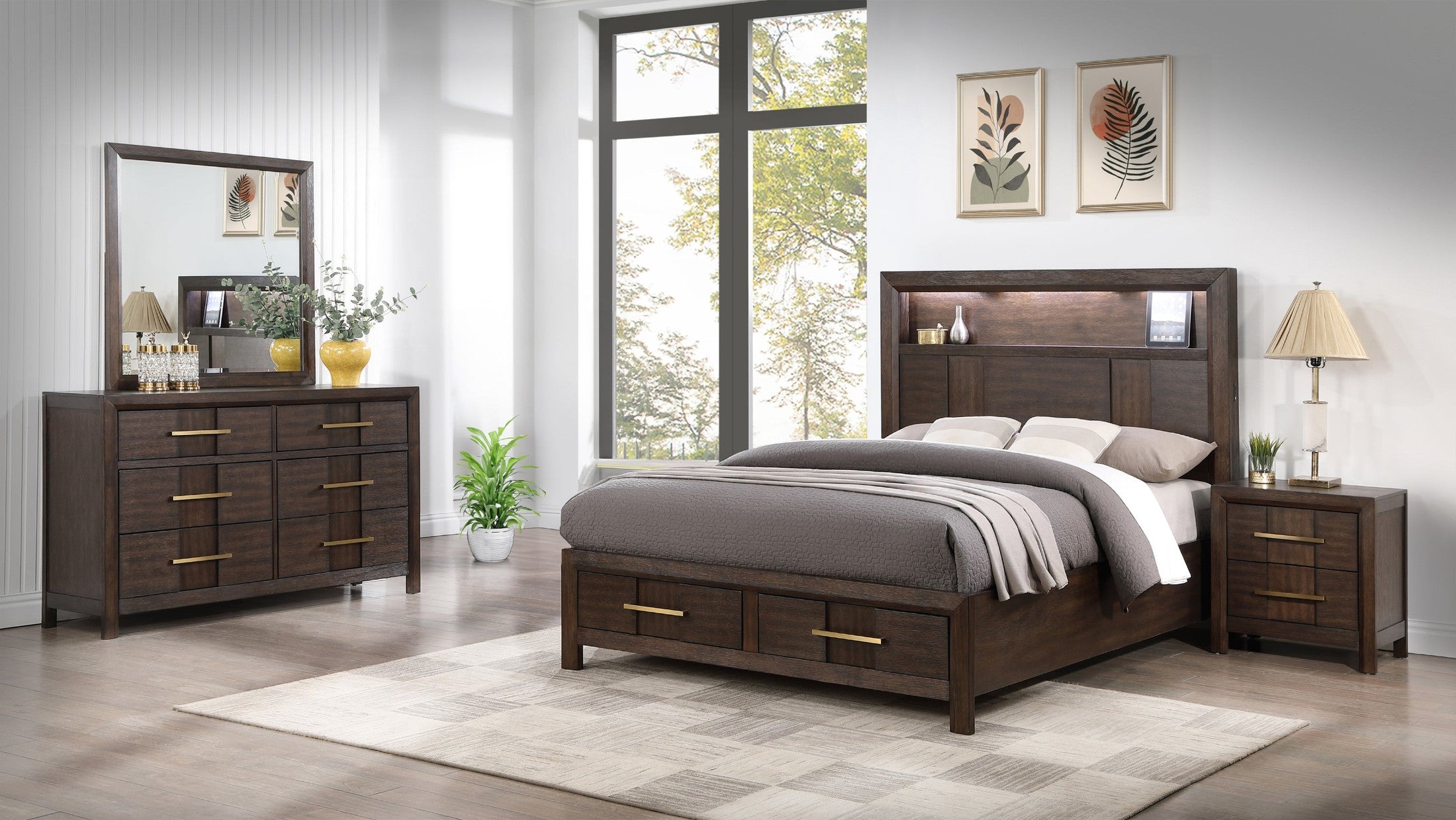 KENZO Modern Style Full 4PC Storage Bedroom Set Made with Wood, LED Headboard, Bluetooth Speakers & USB Ports - Walnut(NJ INVENTORY)