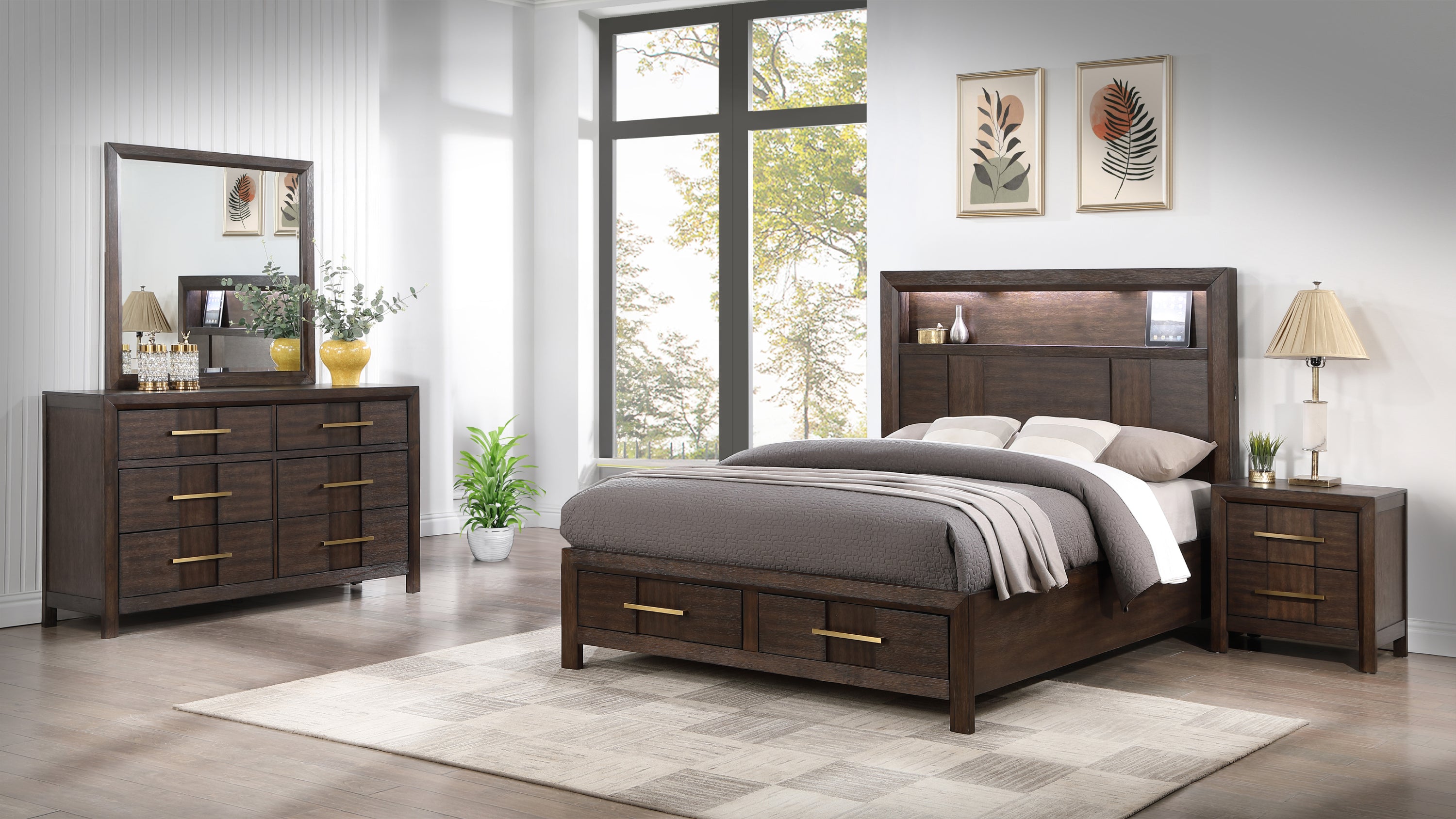 KENZO Modern Style Full 4PC Storage Bedroom Set Made with Wood, LED Headboard, Bluetooth Speakers & USB Ports - Walnut(NJ INVENTORY)