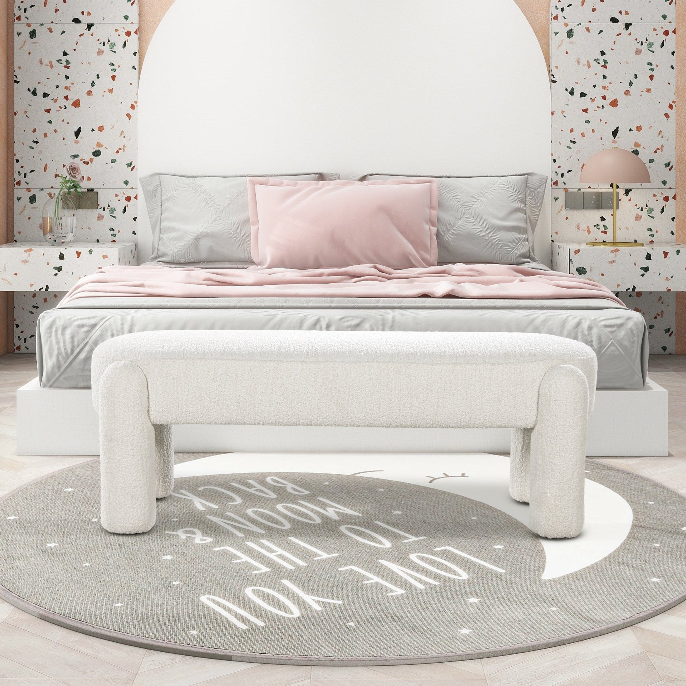 Hugo 49' Oval Fully Upholstered Bench, Milk Cream White Boucle