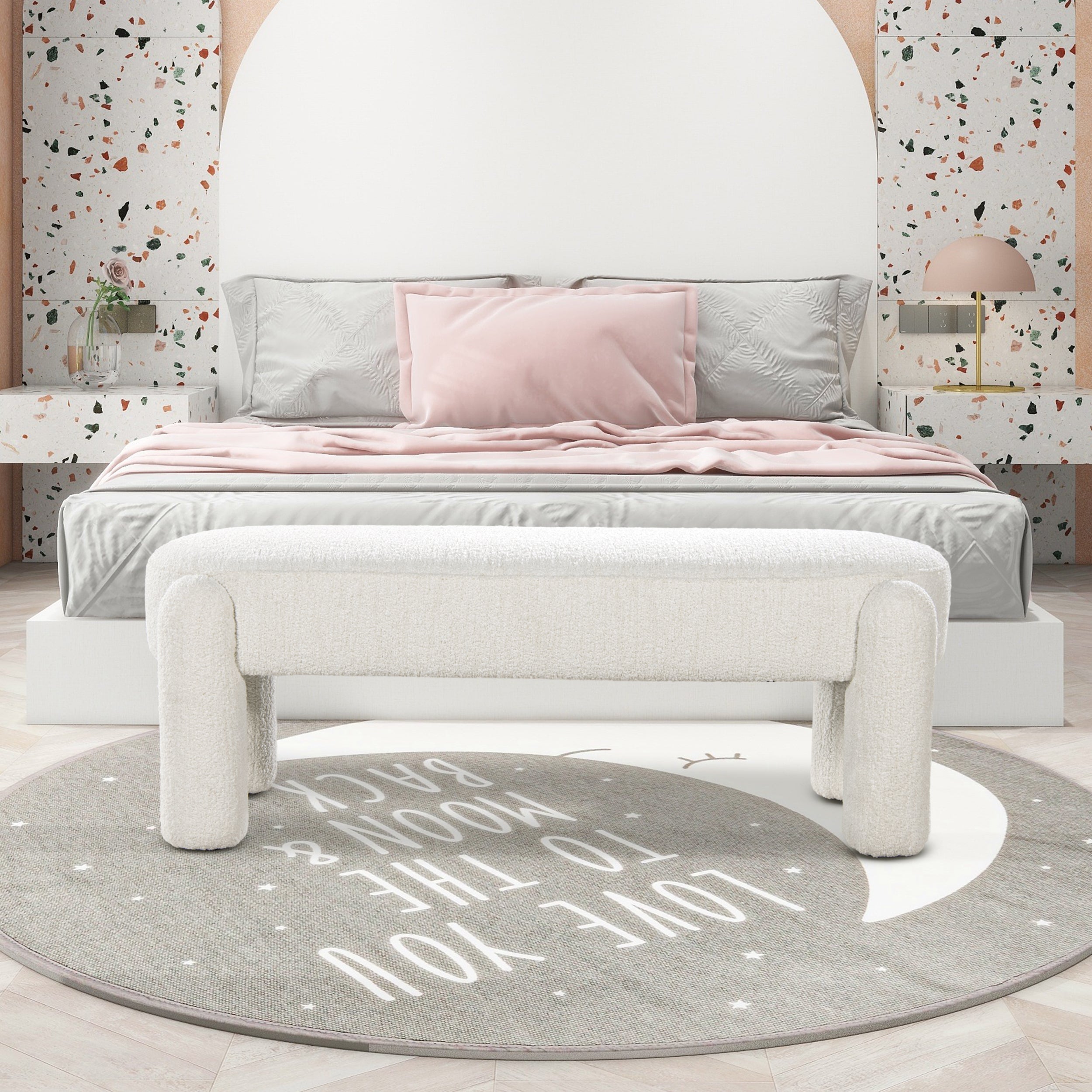 Hugo 49' Oval Fully Upholstered Bench, Milk Cream White Boucle