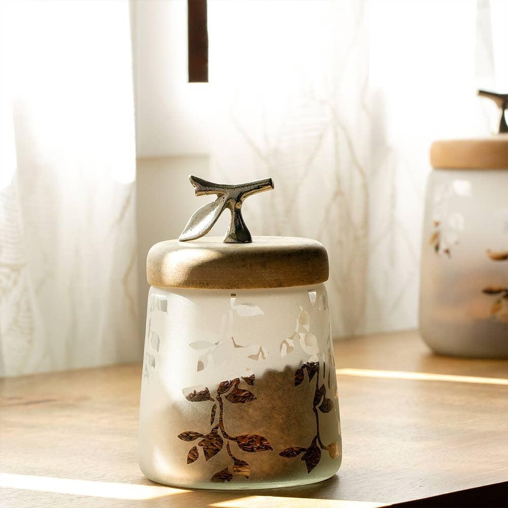 Twigy Frosted Glass Jar with Wooden Lid - 4.9X4.9X7.4'