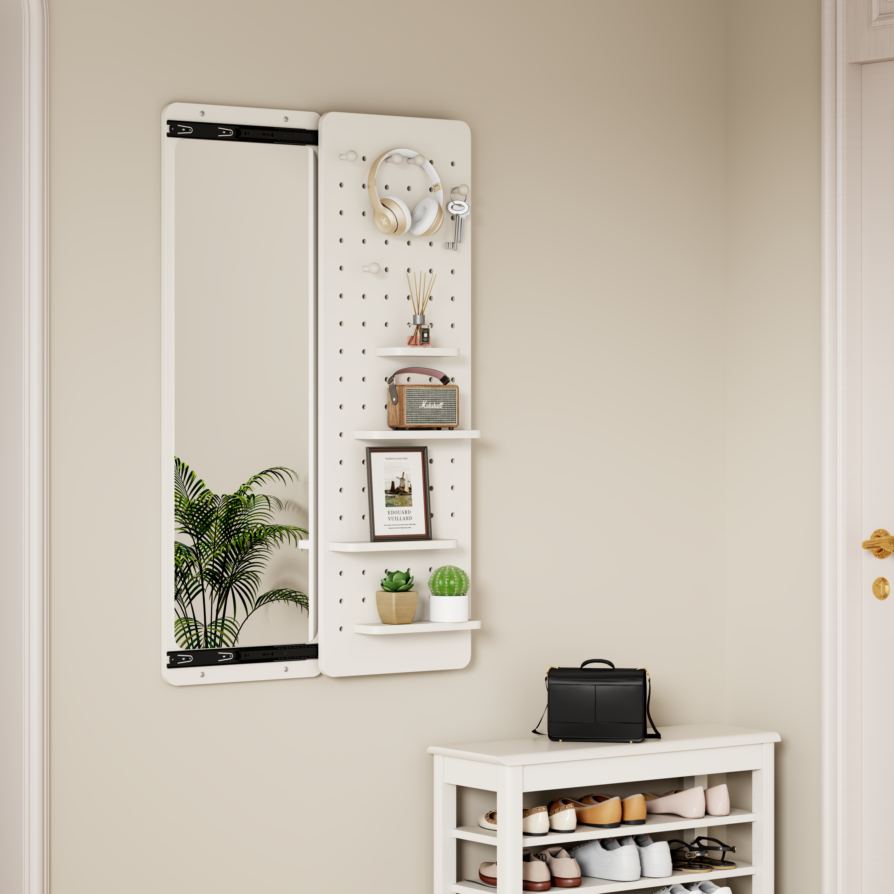 Wall Mounted Full Length Mirror, Full Body Mirror with Shelf, Full Body Mirror with Hook Wall Mounted Mirror with Multifunctional Design Panel, Bedroom/Living Room/Entrance White(47.6*15.7in)