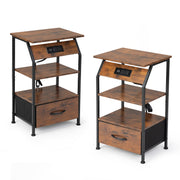 Set of 2 Nightstands with Charging Station, Bed Side Table with Non-woven Drawers, Shelves for Bedroom Living Room, End Table with USB Outlets, Rustic Brown