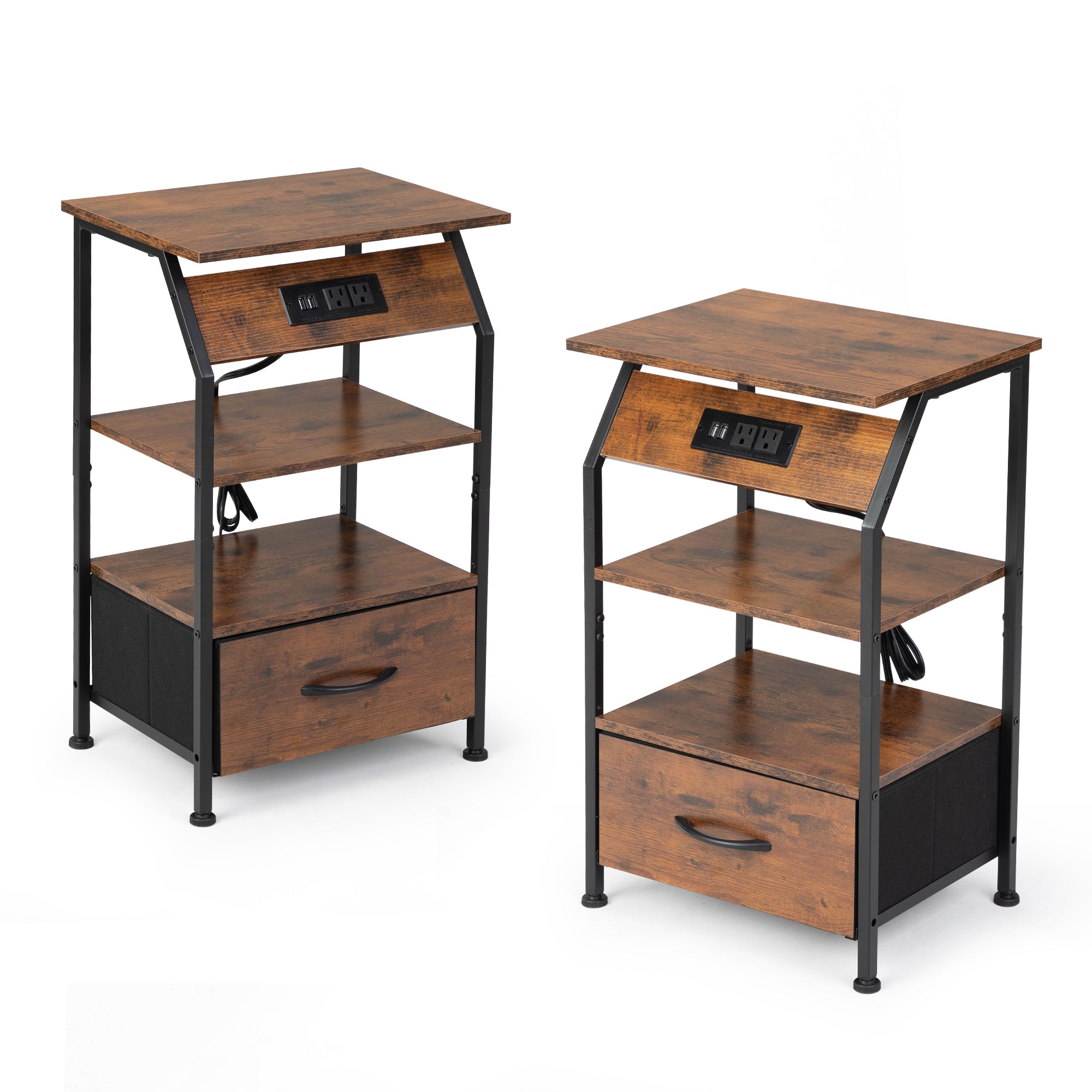Set of 2 Nightstands with Charging Station, Bed Side Table with Non-woven Drawers, Shelves for Bedroom Living Room, End Table with USB Outlets, Rustic Brown
