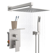 Rainfall Shower System With Storage Rack 10 inch Shower Faucet Set Brushed Nickel with High Pressure with Square Shower Head Luxury Shower Set Wall Mount