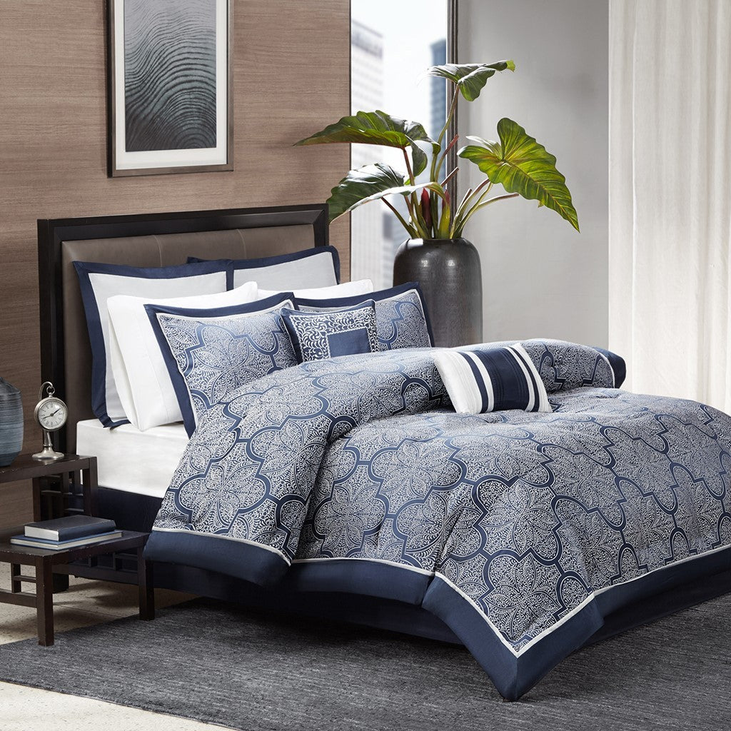 8 Piece Jacquard Comforter Set Navy Queen
