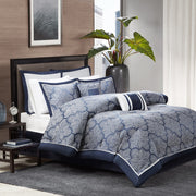8 Piece Jacquard Comforter Set Navy Queen