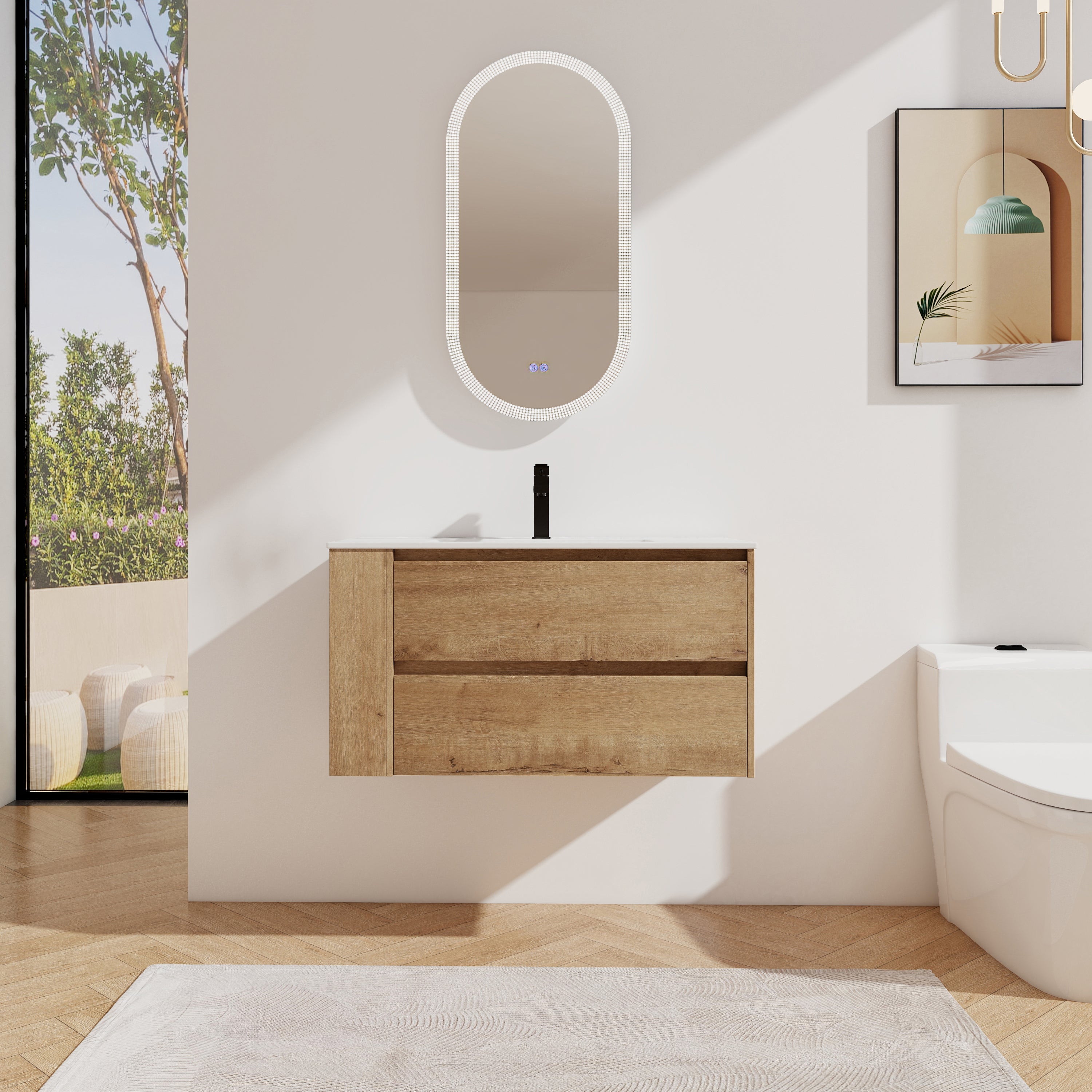 36' Wall Mounting Bathroom Vanity With Ceramic Sink, Soft Close Drawer