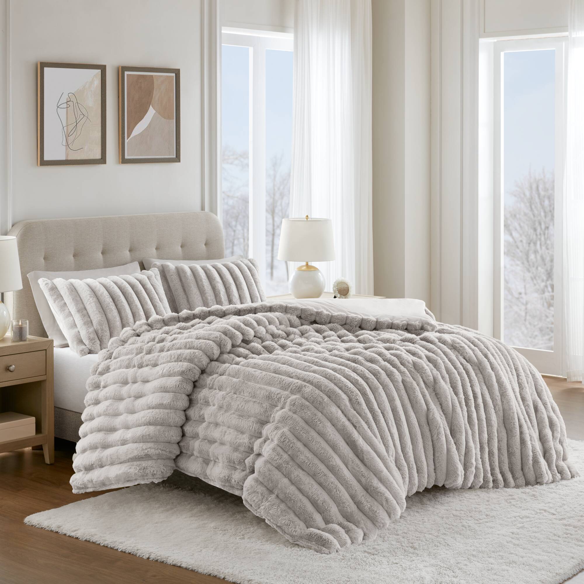 3 Pieces Full/Queen Ultrasoft Faux Fur Ribbed Comforter Set,Light Gray