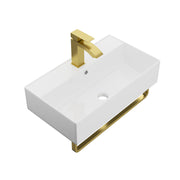 Modern White & Gold Wall-Mounted Ceramic Bathroom Sink with Gold Towel Bar and Faucet, 21x12 Inches